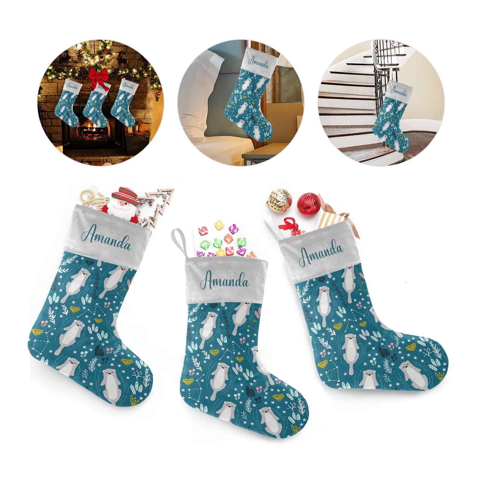 Custom Personalized Christmas Stockings with Names - Cute Otter Design for Family, Kids & Pets - 17.52 x 7.87 Inch Holiday Decor - Perfect for Fireplace Mantel, Gift Exchange & Festive Home Decor