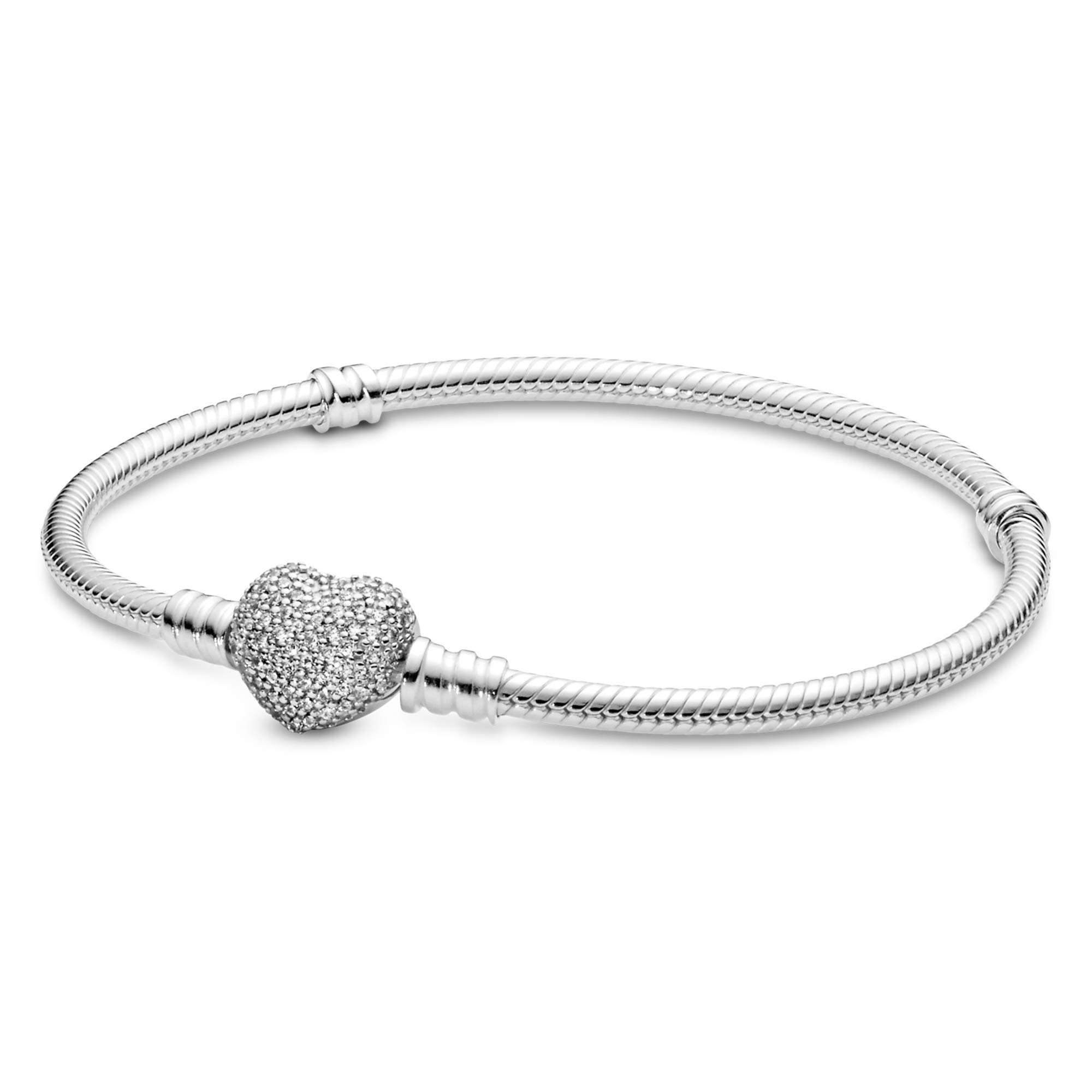 Pandora Sterling Silver Sparkling Heart Clasp Snake Chain Bracelet with Cubic Zirconia Charms | 7.1