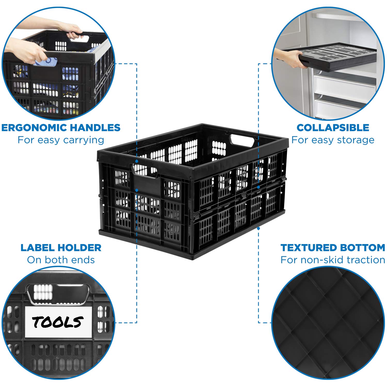 Collapsible Milk Crates 49L - Stackable Plastic Storage Bins Set of 3 - Foldable Organizer for Home, Garage & Warehouse - Perfect for Groceries, Toys & Office Supplies