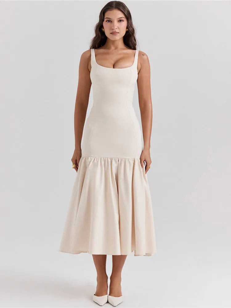 Elegant Backless Maxi Fishtail Dress for Women - Square Collar Sleeveless Loose Pleated Long Gown | Perfect for Evening Parties, Weddings & Special Occasions