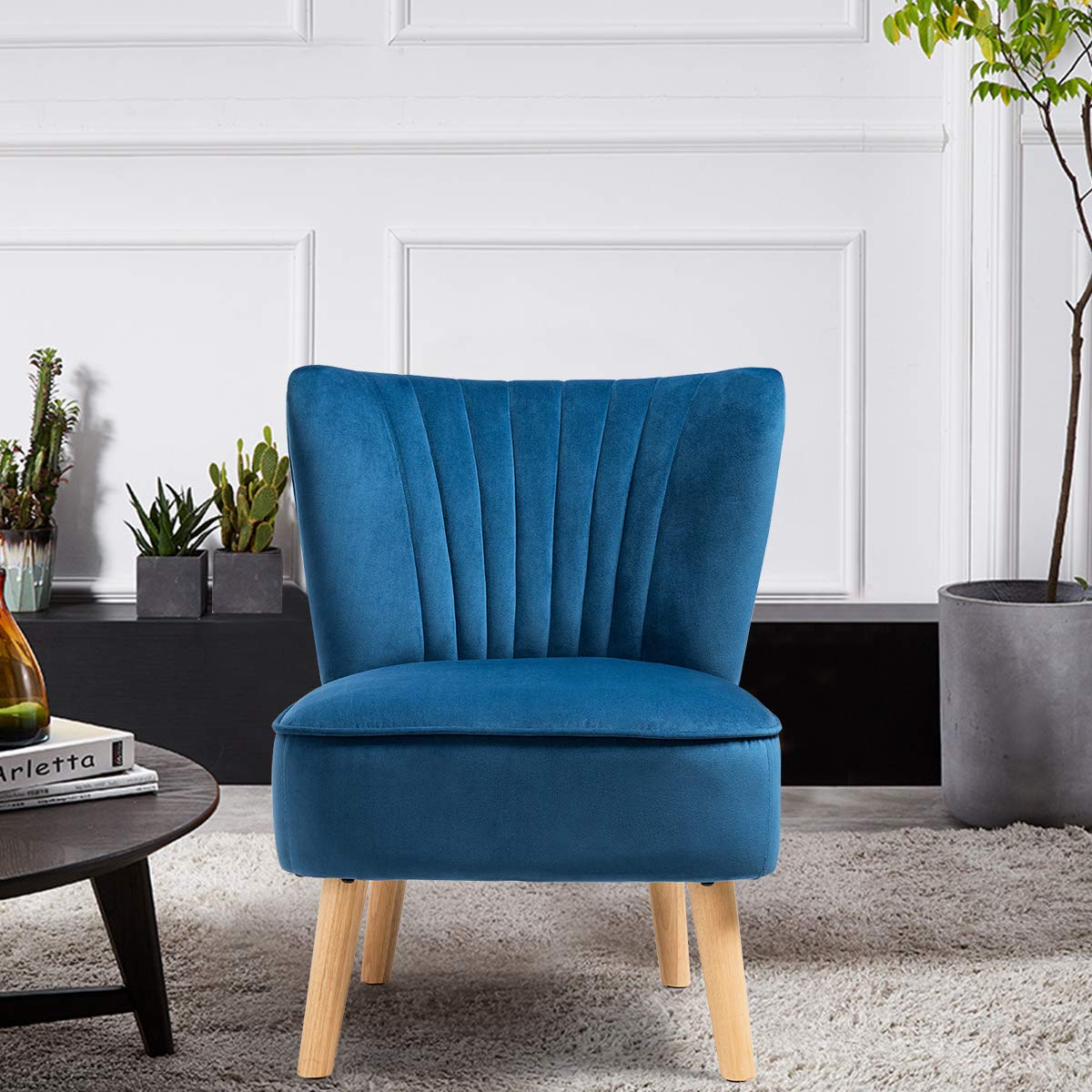 Giantex Velvet Accent Chair - Modern Upholstered Sofa Chair with Wood Legs & Thick Padding, Armless Wingback Club Chair for Living Room, Bedroom, Office - Perfect for Reading Nooks, Lounge Areas & Home Decor