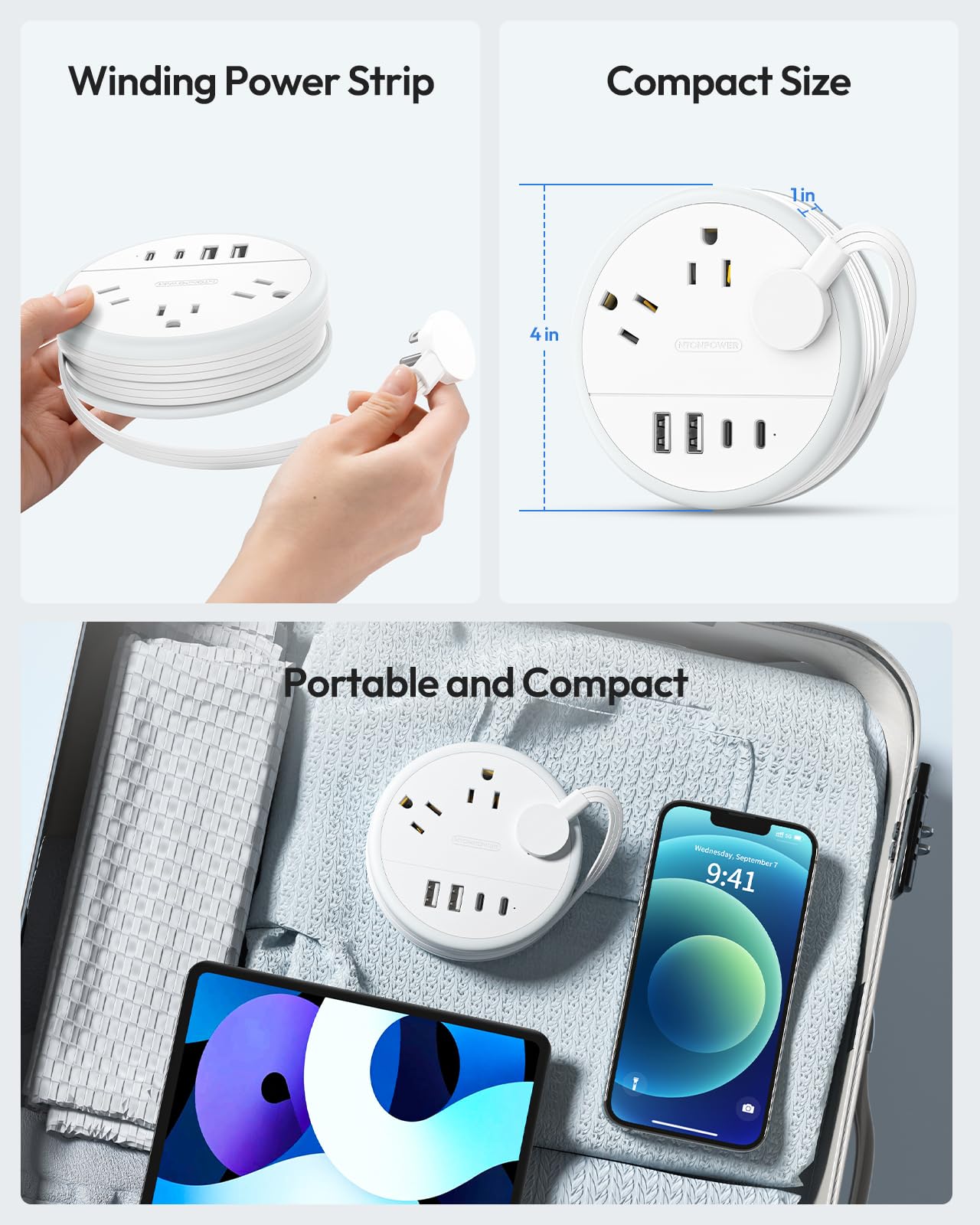 NTONPOWER Travel Power Strip with 3 Outlets & 4 USB Ports (2 USB-C) - 4FT Flat Extension Cord for Cruise, Hotel, Office - Portable Charging Station for Phones, Laptops, Tablets - White Travel Essentials