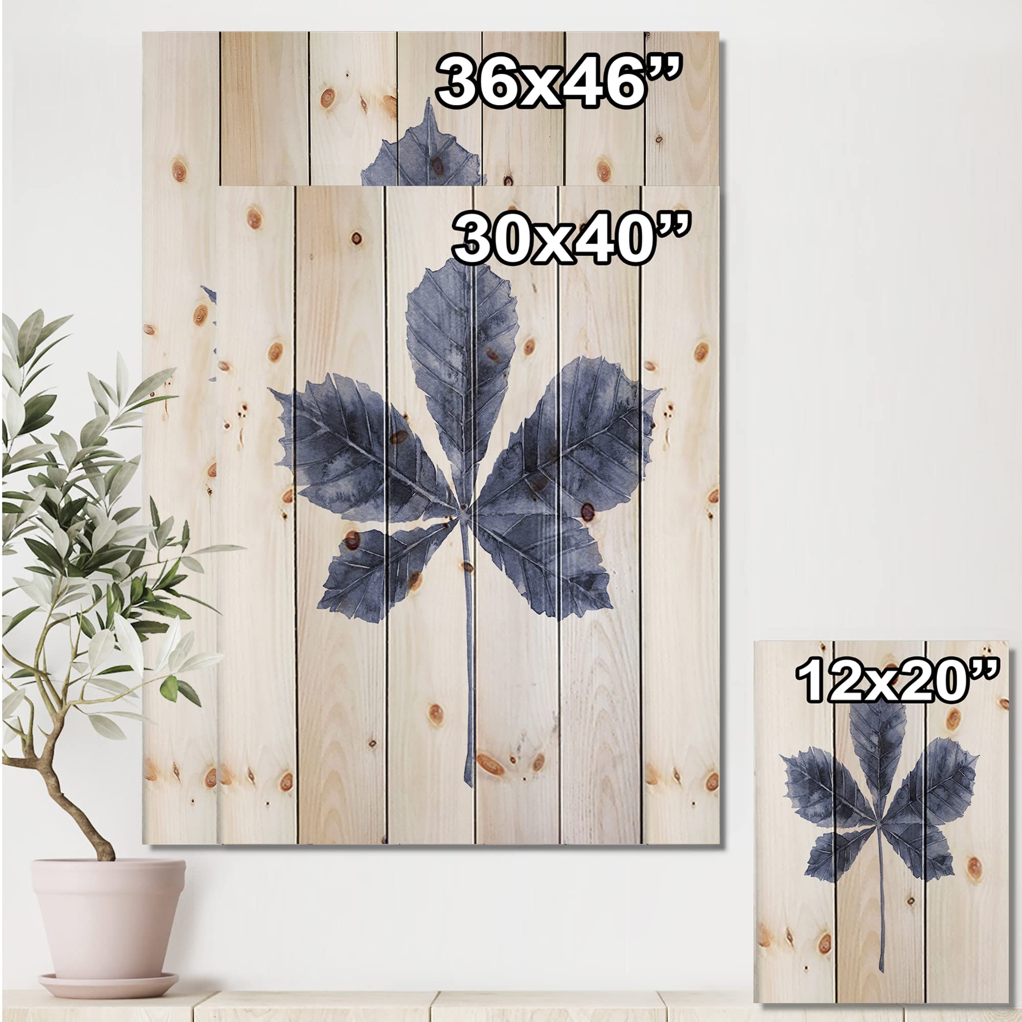 Navy Blue Chestnut Leaf Wood Wall Decor - Traditional Floral Wood Wall Art Panel, Large Pine Wood Wall Hanging for Living Room, Bedroom & Office Decor
