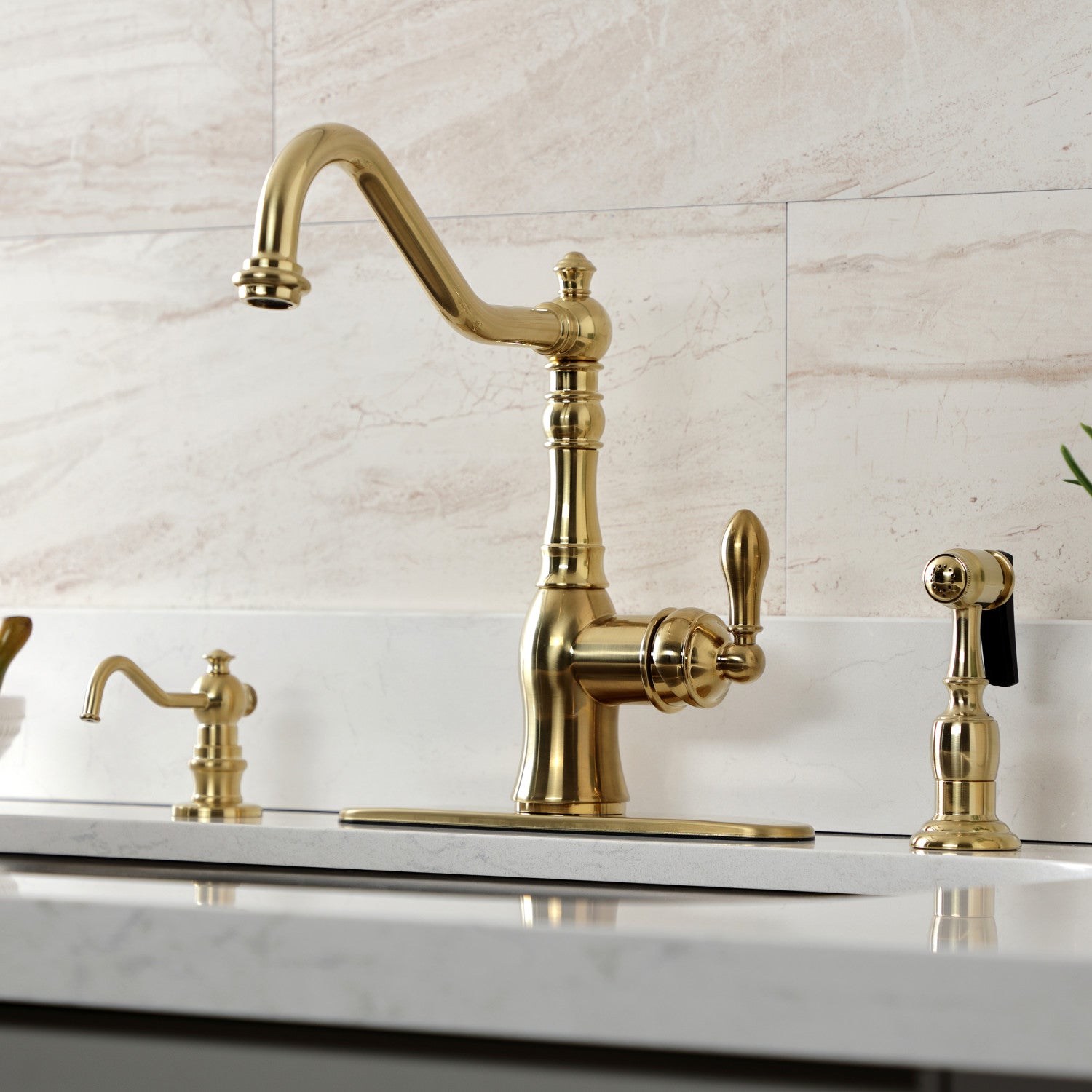 American Classic GSY7707ACLBS Single Handle 2 or 4 Hole Deck Mount Kitchen Faucet with Brass Side Sprayer, Brushed Brass - Perfect for Modern Farmhouse & Commercial Kitchens