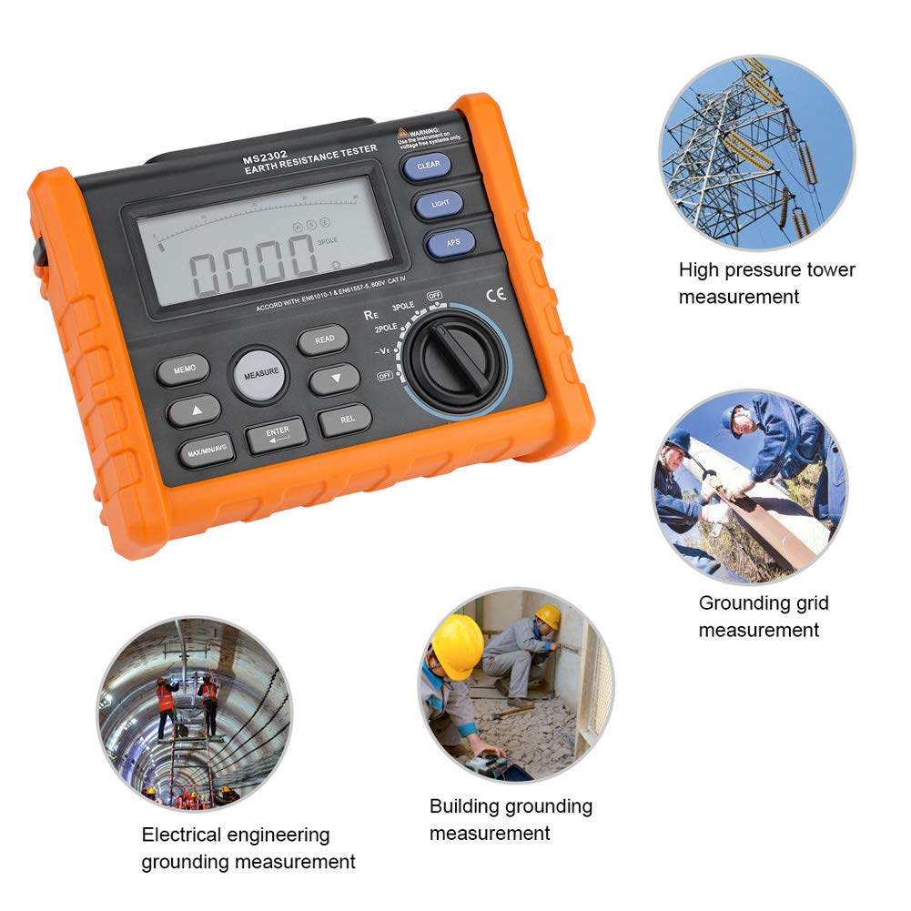 MS2302 Digital Grounding Meter Tester - 0-4K Ohm Resistance Measurement with 100 Groups Data Logging - Perfect for Electrical Safety Testing, Industrial Maintenance and Home DIY Projects