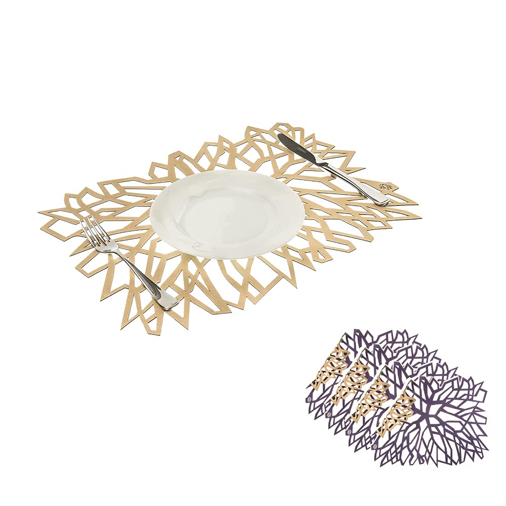 BLASANI Double Sided Laser Cut Placemats Set of 4 - Heat Resistant, Non Slip & Stain Resistant Table Mats - Synapse Collection Gold-Purple - Perfect for Dining Table, Kitchen, Party & Home Decor