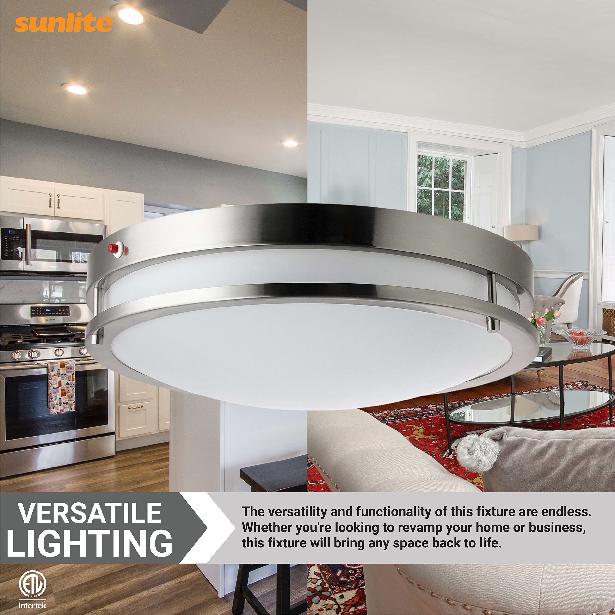 Sunlite 87779 12 Inch LED Ceiling Flush Mount Light with Emergency Battery Backup - 90 Min Runtime, 15W 1050 Lumens, Adjustable 3000K-5000K Color Temperature, Dimmable, 50,000 Hour Lifespan, Brushed Nickel Finish - Perfect for Hallways, Bedrooms & Emergency Lighting