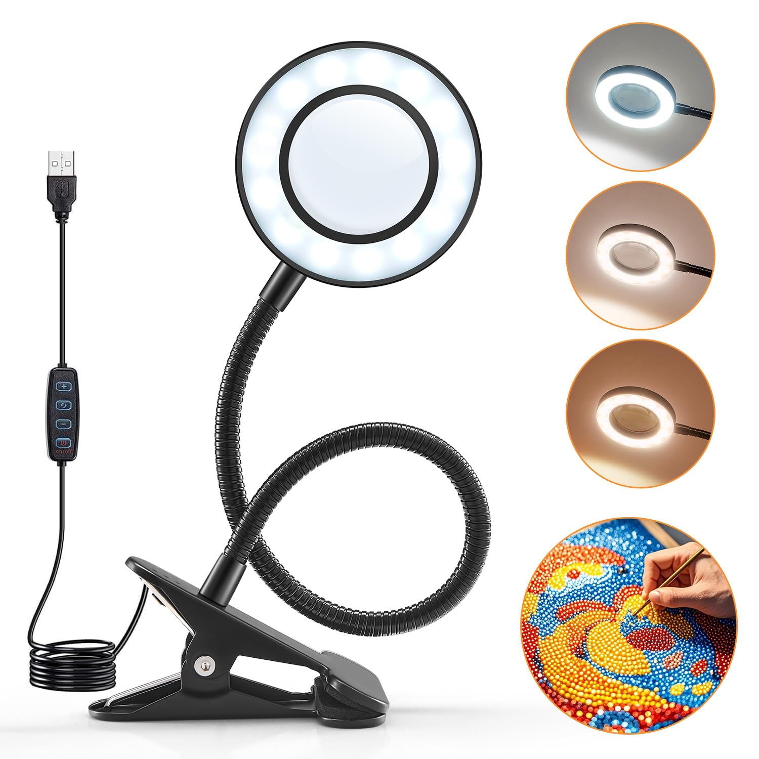 10X Lighted Magnifying Glass with Clip-On Desk Lamp - 3 Color Modes & 10 Brightness Levels (1000 Lumen) - Hands-Free Magnifier Lamp for Reading, Crafts, Jewelry Making, and Detailed Work - Adjustable Clamp Light for Workbench, Office, and Hobby Stations