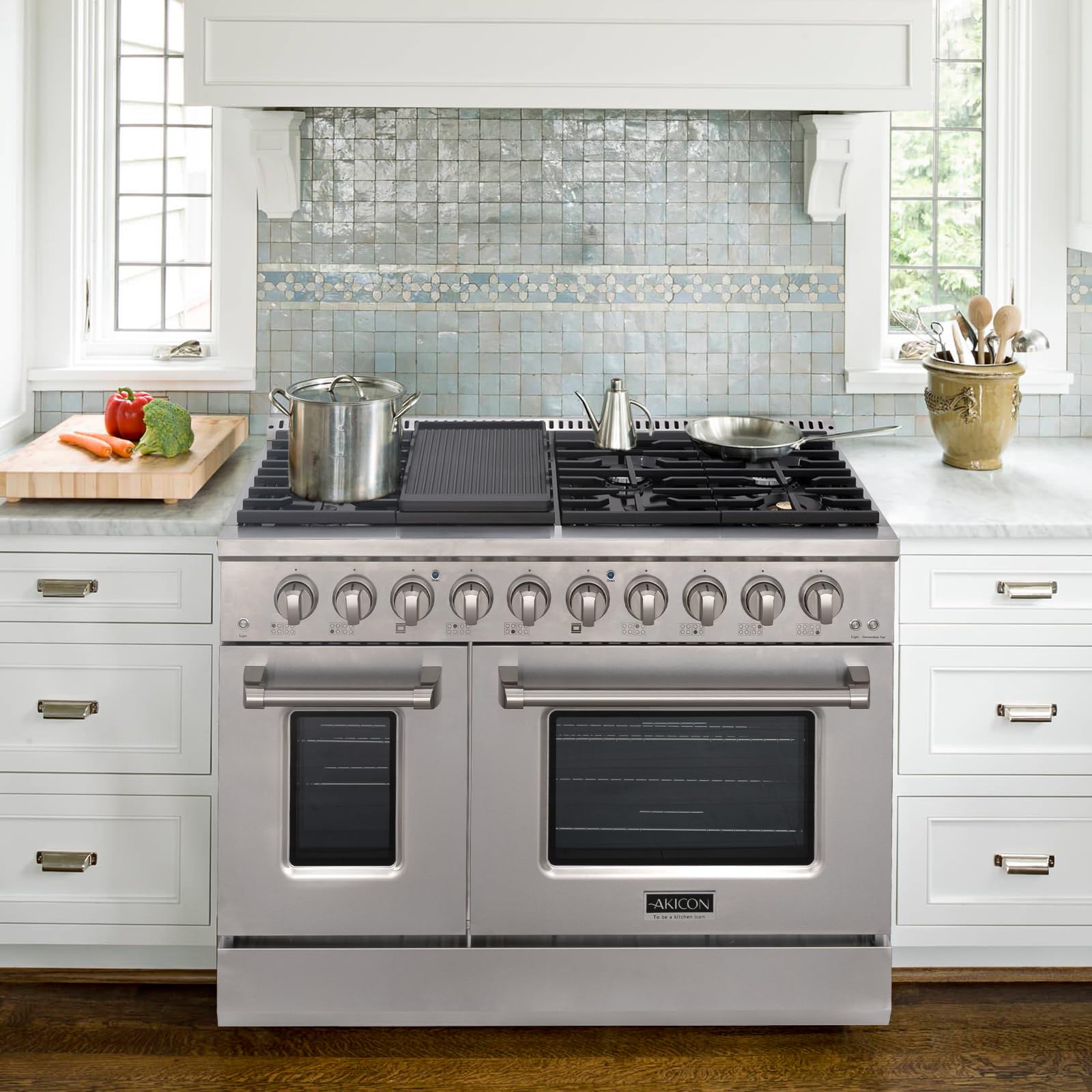 Akicon 48 Inch Freestanding Gas Range - 6.7 cu. ft. Double Rapid Convection Gas Oven with 8 Sealed Burners & Griddle - Heavy Duty Cast Iron Grates (Stainless Steel) - Perfect for Home Kitchen, Restaurant & Commercial Cooking