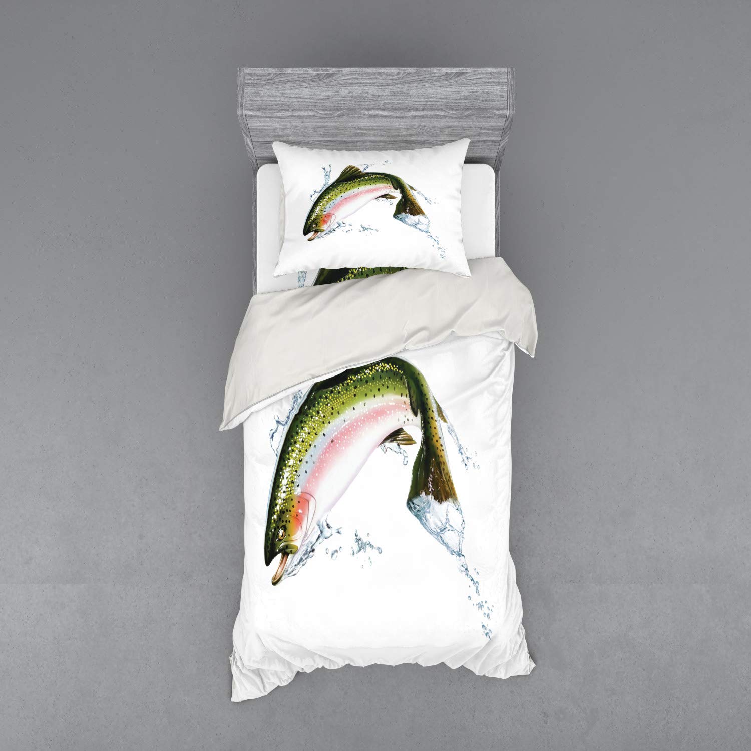 Ambesonne Salmon Jumping Fish Duvet Cover Set - 3 Piece Twin XL Bedding with Sham & Fitted Sheet - Photorealistic Airbrush Cartoon Design - Perfect for Kids' Rooms, Coastal Themed Bedrooms & Nature Lovers