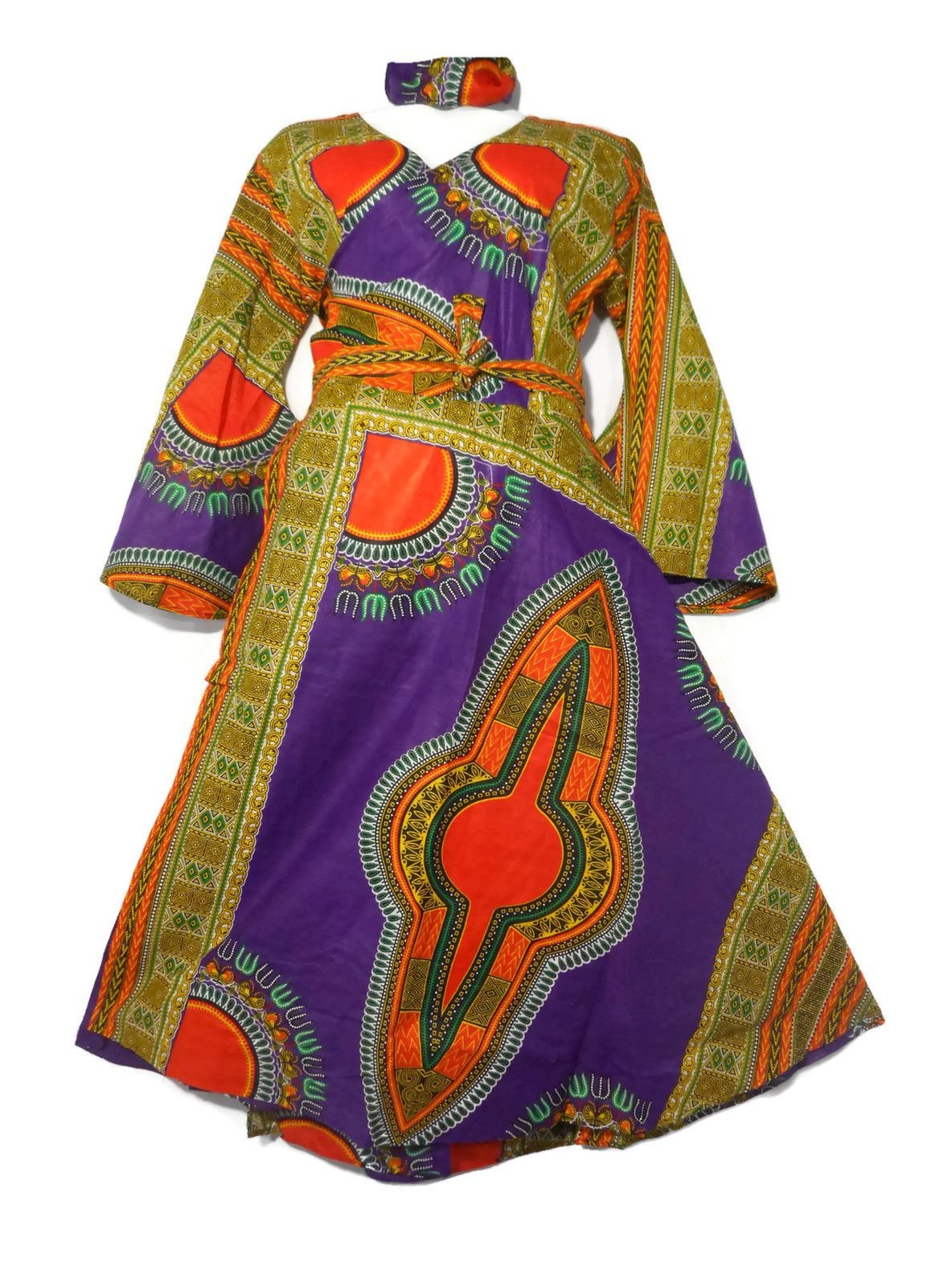 African Ankara Dashiki Print Long Sleeve Wrap Dress for Women - Elegant Bell Sleeves & Vibrant African Attire - Perfect for Parties, Weddings & Cultural Events
