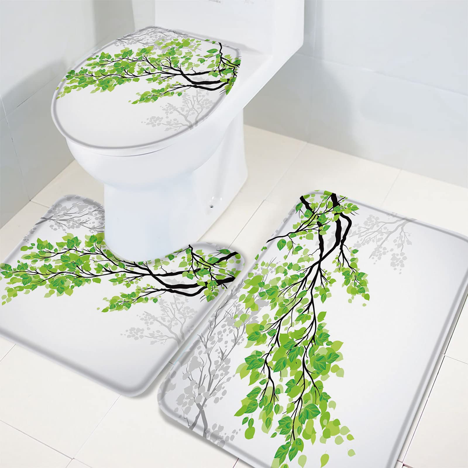 3-Piece Green Leaves Branch Art Bathroom Rug Set - Non-Slip Shower Mat, Contour Mat & Toilet Cover | Soft Absorbent Bath Mats for Bathroom Safety & Style | Perfect for Modern Home Decor