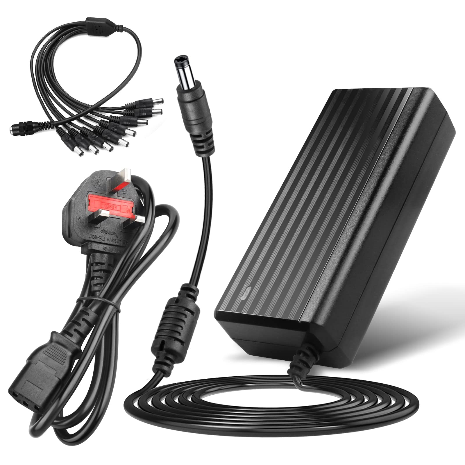 12V 5A 60W Power Adapter with 8-Way Splitter Cable - AC 100-240V to DC 12V Converter for CCTV Cameras, LED Strip Lights, Security Systems & Home Electronics - Perfect for Multi-Device Power Supply & DIY Lighting Projects