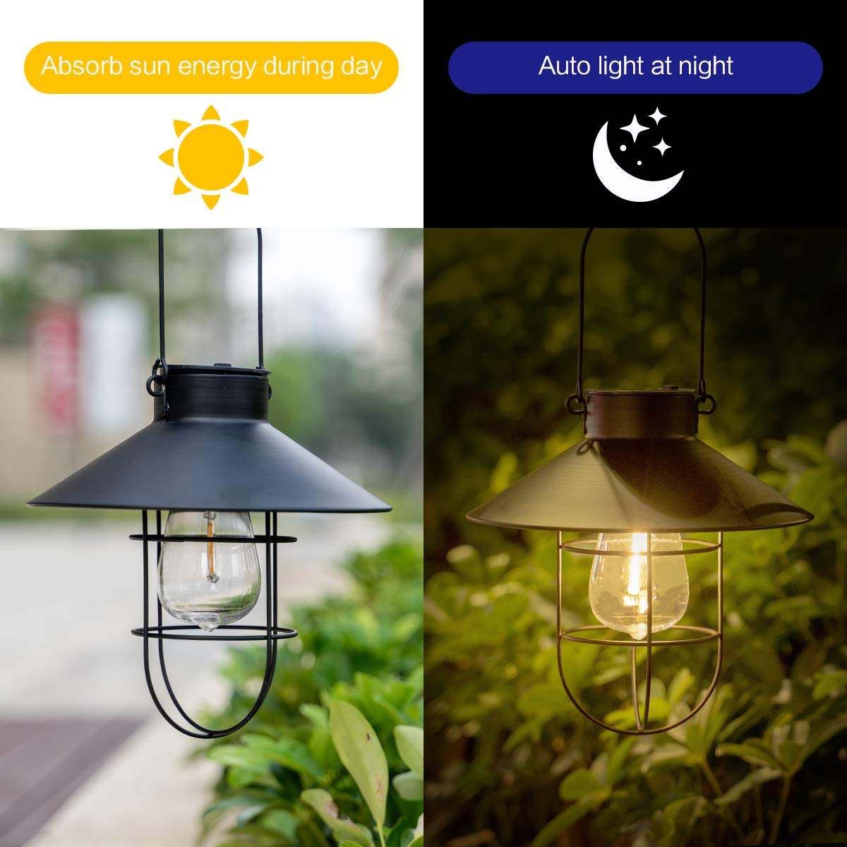 HUYIENO 2 Pack Solar Powered Outdoor Hanging Lanterns - Black Metal LED Garden Lights with Shepherd Hook | Weatherproof for Patio, Yard, Pathway & Landscape Decoration