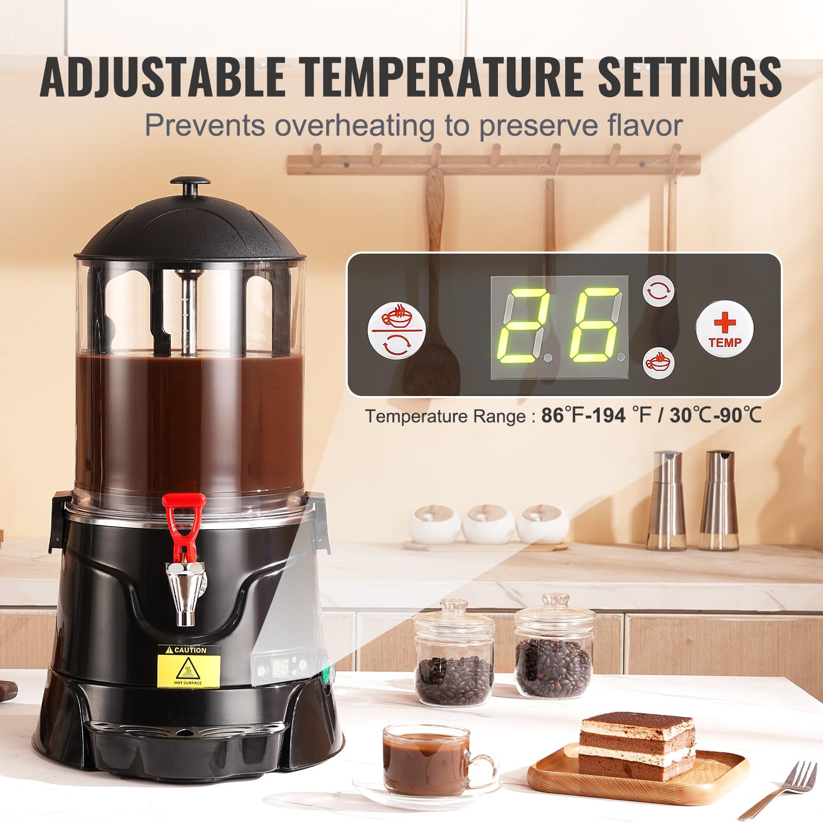 VEVOR 2.6 Gal Hot Chocolate Dispenser Machine with Adjustable Temperature 86°F-194°F, High-Quality ABS Tank for Hot Drinks - Perfect for Cafes, Restaurants, and Home Use