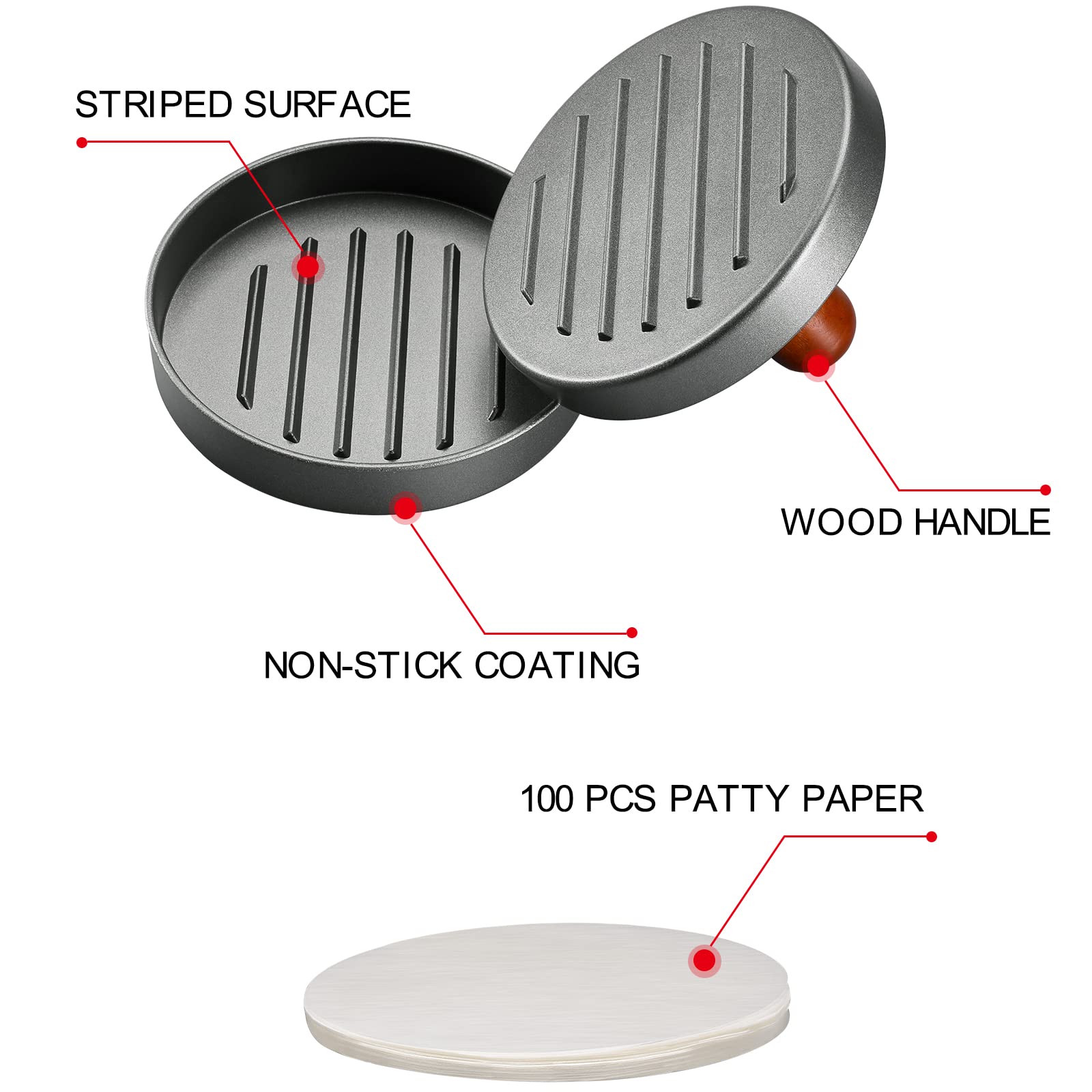 Stainless Steel Burger Press Patty Maker with Wood Handle & Non-Stick Surface - Includes 100 Patty Papers for Perfect Homemade Hamburgers | Ideal for BBQ, Backyard Grilling & Restaurant Use