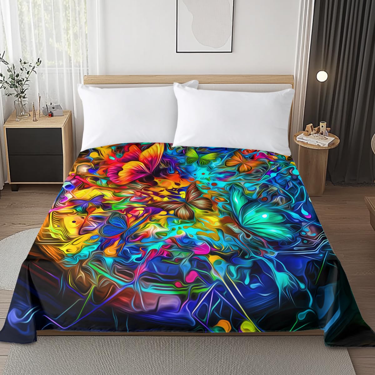 Sleepwish King Size Bed Sheet Set - Abstract Butterfly Design, Colorful Fantasy Fractal Art, Hippie Psychedelic Style in Blue Turquoise & Yellow - Perfect for Bohemian Bedrooms, Guest Rooms & Dorm Decor