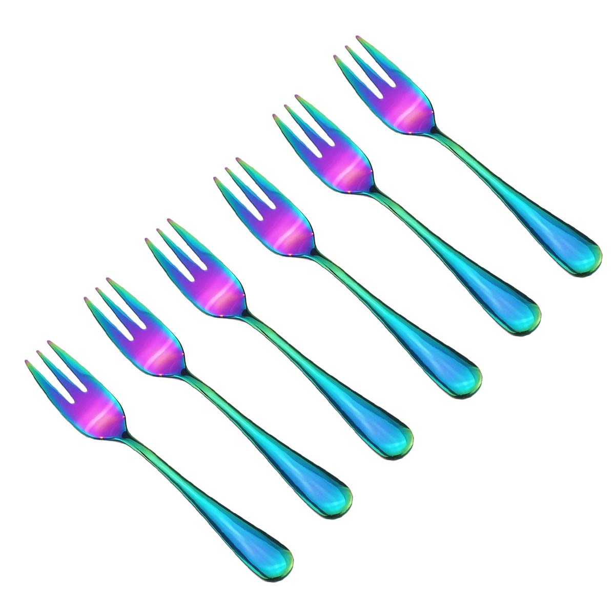 Rainbow Cake Forks Set of 6 - 5.5 Inch Stainless Steel Small Appetizer Forks - Mirror Polished Dessert Forks for Cake, Fruit, Pie, Pastry - Elegant Flatware for Parties, Weddings & Tea Time