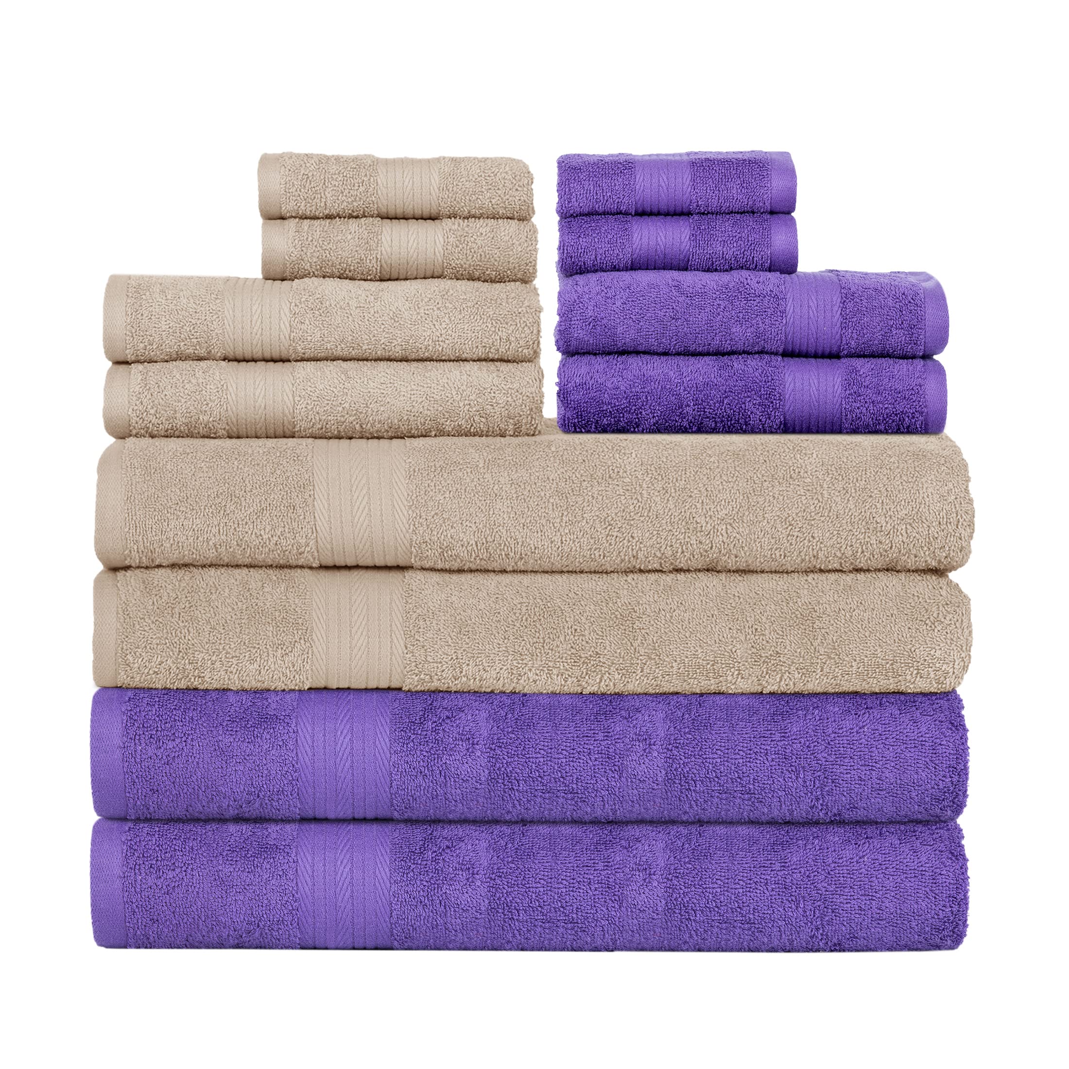 Premium 12-Piece Cotton Towel Set - 4 Bath Towels, 4 Hand Towels & 4 Washcloths | 600 GSM Ultra Absorbent & Soft | OEKO-TEX Certified | Machine Washable | Beige & Purple | Perfect for Spa, Guest Bathroom & Luxury Gifting