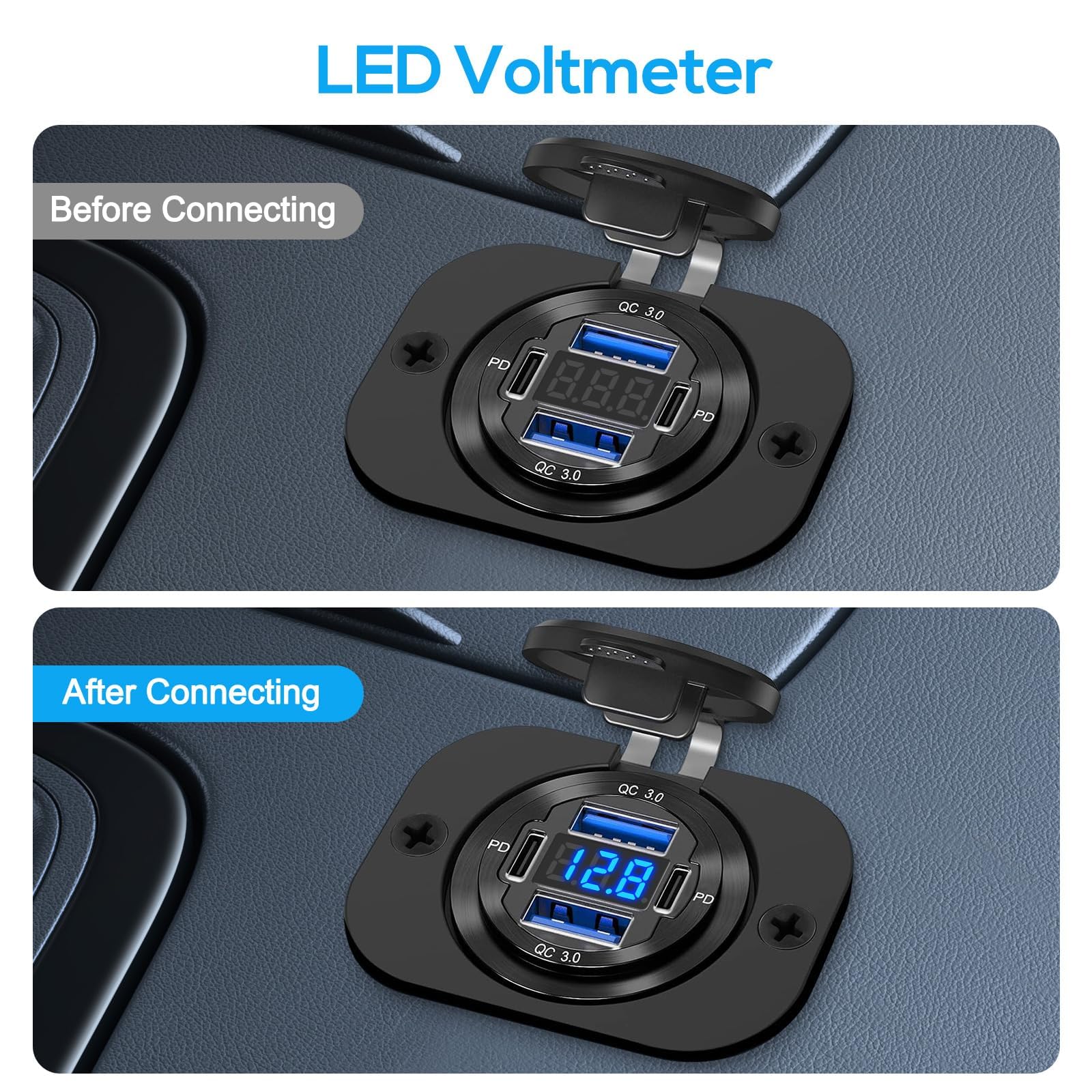 Linkstyle Dual PD Type C & Dual QC3.0 USB Car Charger Socket with LED Voltmeter - Fast Charging Power Outlet Panel for RV, Car, Boat | Perfect for Road Trips & Marine Adventures