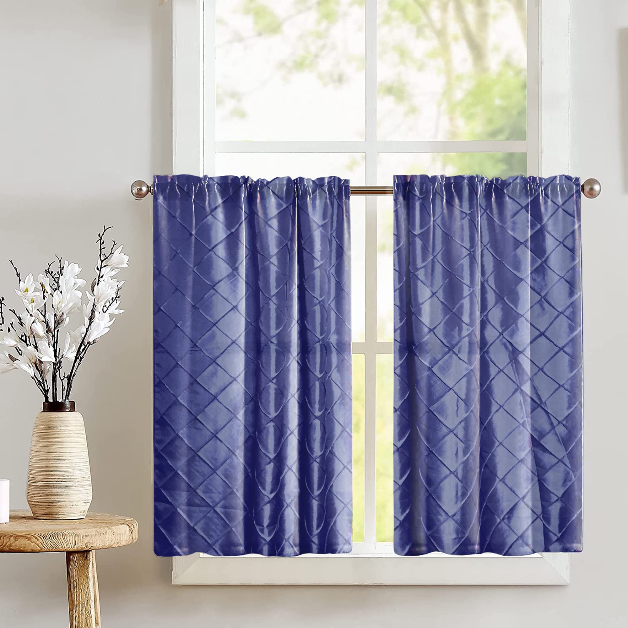 Pintuck Taffeta Tier Window Valance 2-Piece Set - Navy Blue Home Decor for Bedroom, Nursery & Kitchen - Elegant Window Treatment for Curtains & Drapes