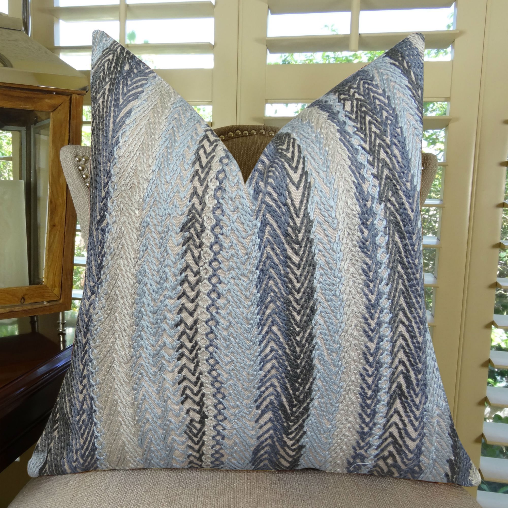 Designer Gray Zig Zag Throw Pillow - Charcoal Gray Blue Taupe Geometric Cushion Cover - USA Made Home Decor for Sofa, Bed & Living Room