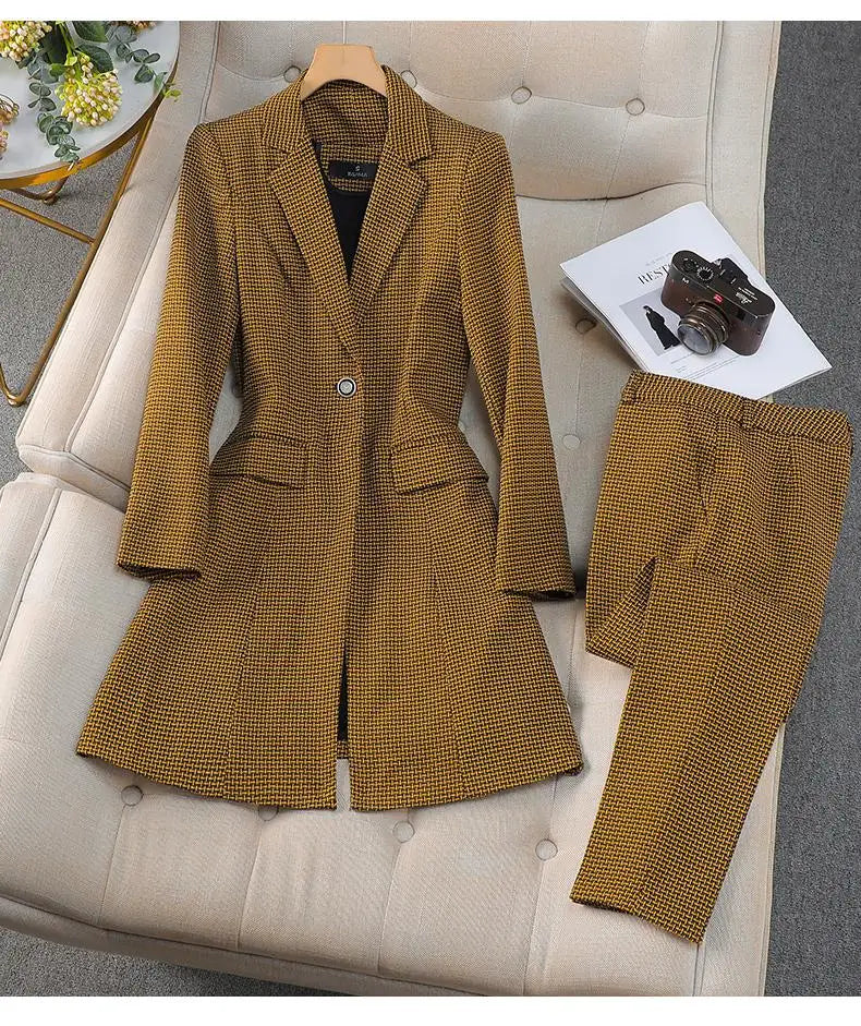 Women's Autumn Winter Formal Office Business Suit Set - Slim Fit Plaid Blazer & High Waist Ankle Pants | Professional Work Attire for Business Meetings & Corporate Events