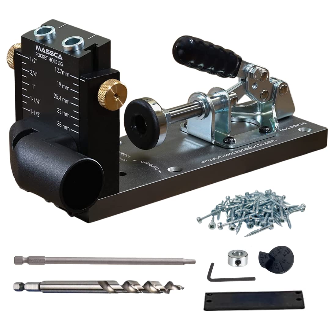 Massca M1 Pocket Hole Jig Kit - Heavy Duty Adjustable Woodworking Tool with Drill Bit, Self-Tapping Screws & Driver Bit for Strong Angled Joints - Perfect for DIY Furniture, Cabinets and Home Improvement Projects