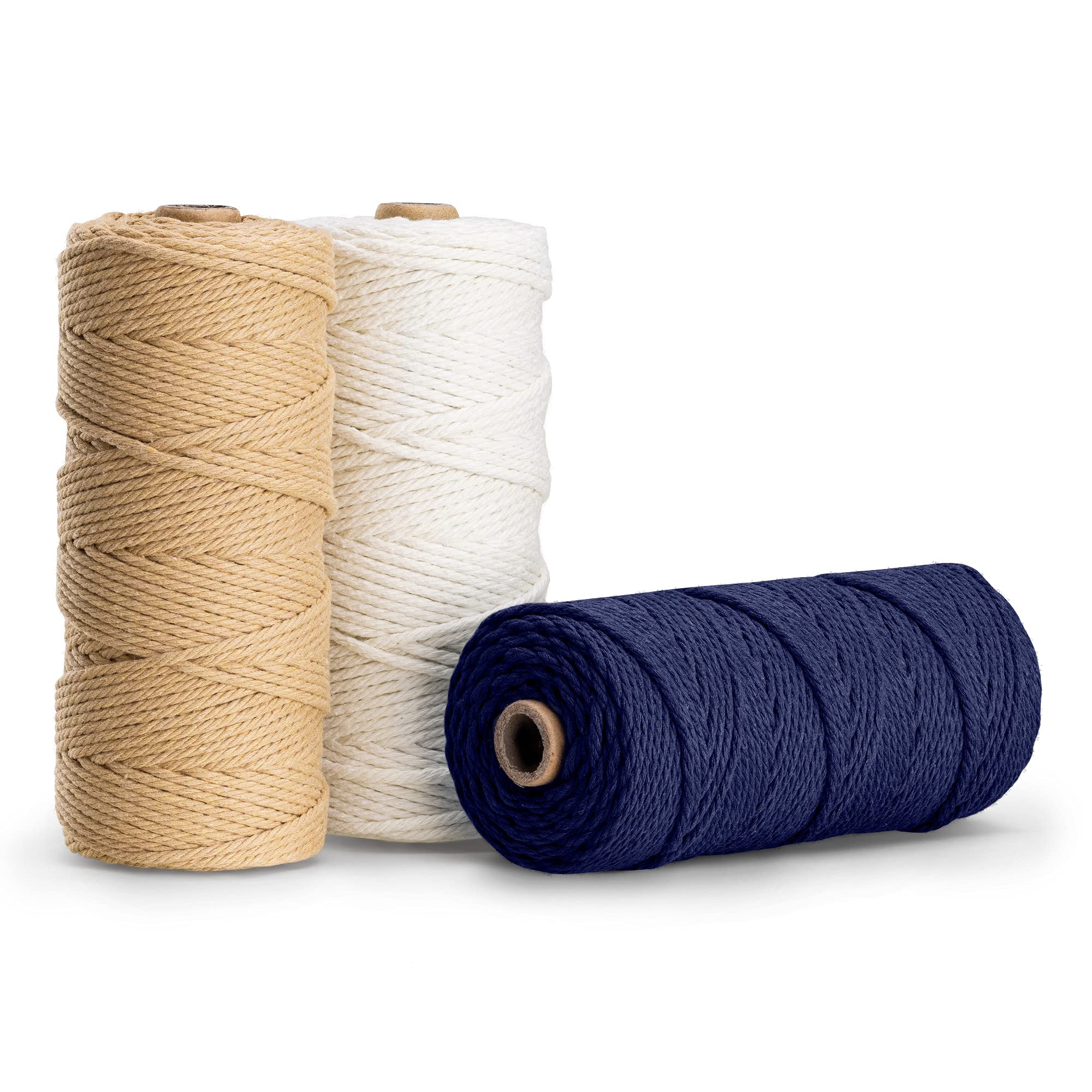 Premium 100% Natural Cotton Macrame Cord - 3mm x 109 Yards (Set of 3 Reels) - Dark Blue, Beige, Off-White Rope for DIY Wall Hangings, Plant Hangers, Home Decor & Boho Crafts - Perfect for Macrame Projects, Gift Making & Handmade Jewelry