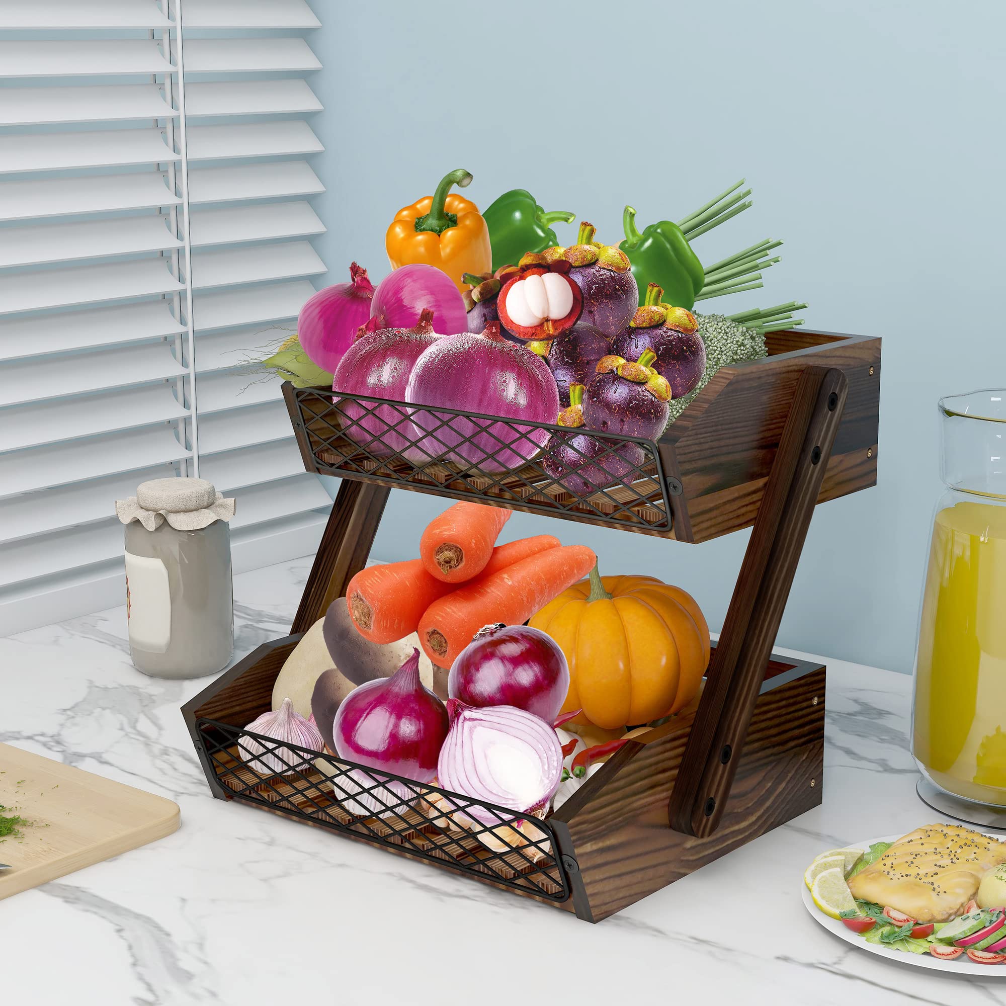 2-Tier Wooden Fruit Basket for Kitchen Counter - Multi-Purpose Organizer for Fruits, Vegetables & Bread | Perfect for Countertop Storage, Pantry Organization & Dining Table Decor