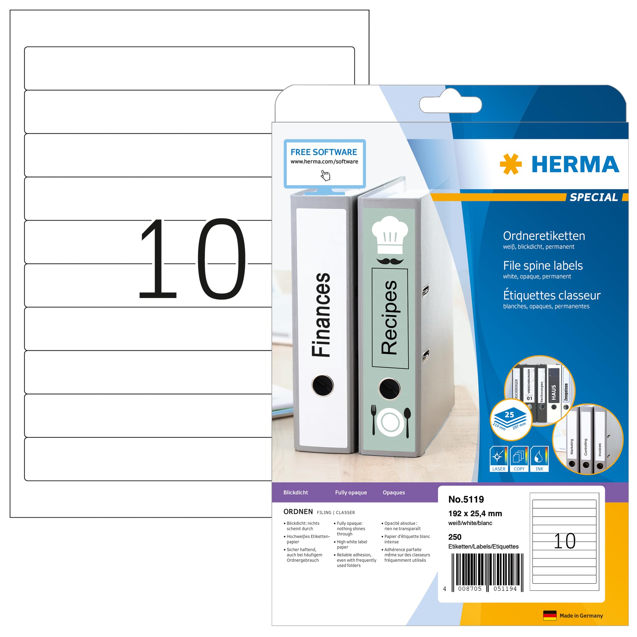 HERMA Self Adhesive Spine Labels - 250 Blank White Labels (10 per A4 Sheet, 25 Sheets) 192x25.4mm - Compatible with Laser & Inkjet Printers - Perfect for File Folders, Lever Arch Files, Office Organization & Document Management