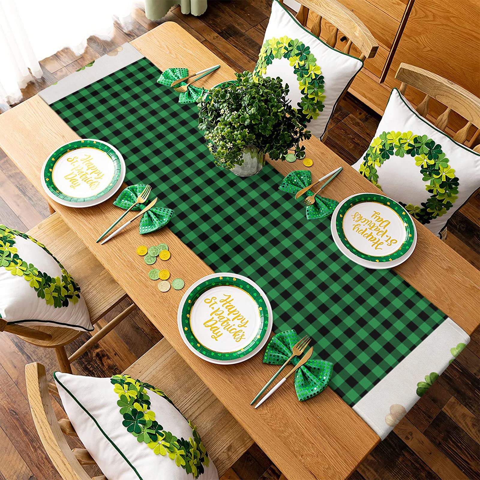 Irish Clover Table Runner 13x90 Inches - Washable St. Patrick's Day Green Lattice Table Cover for Round, Kitchen, Coffee & Dining Tables - Perfect for Home Decor, Parties & Holiday Celebrations