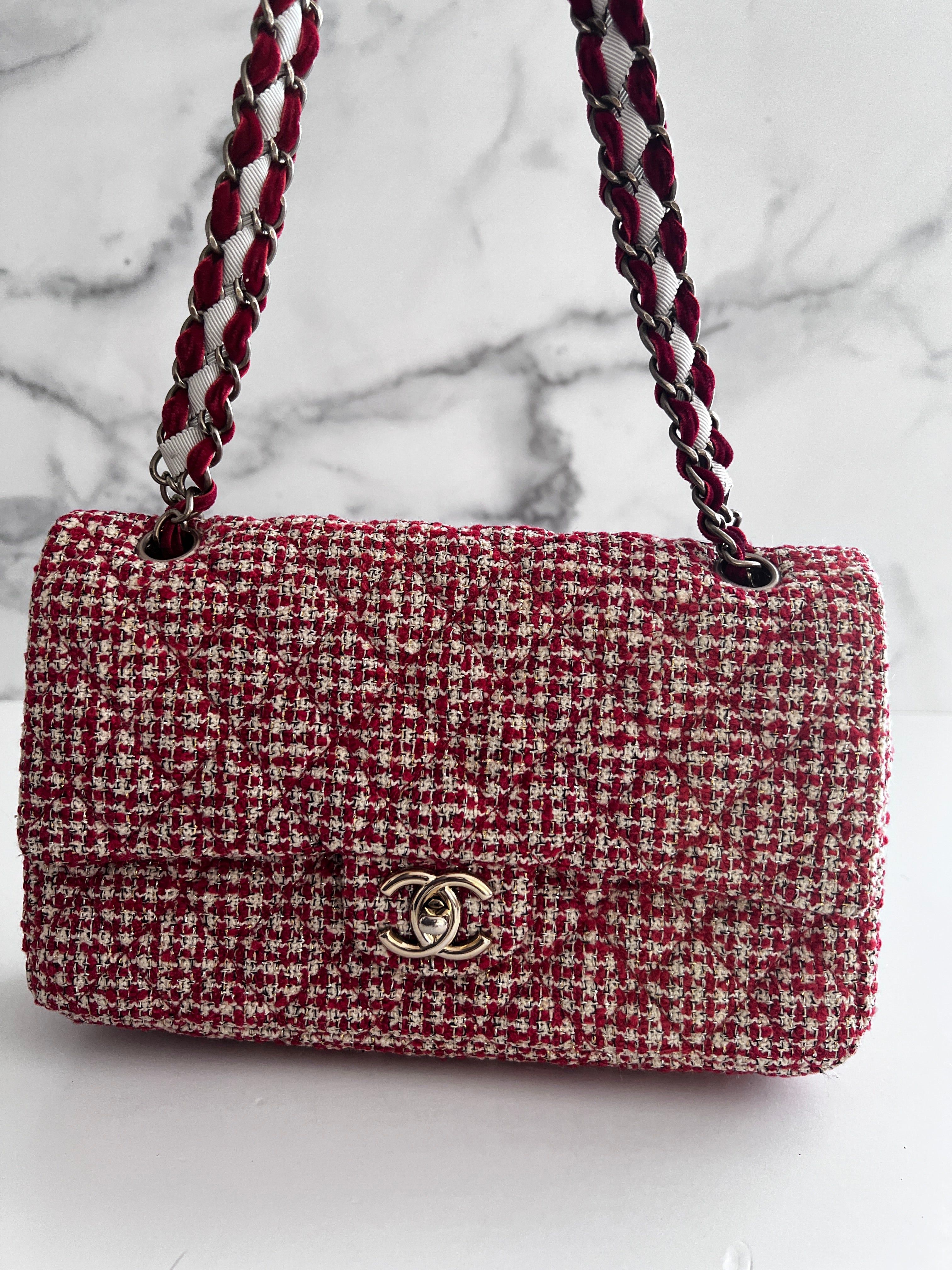 Chanel Red Velvet Chain Double Flap Tweed Bag - Luxury Designer Handbag for Women, Perfect for Parties, Weddings & Special Occasions