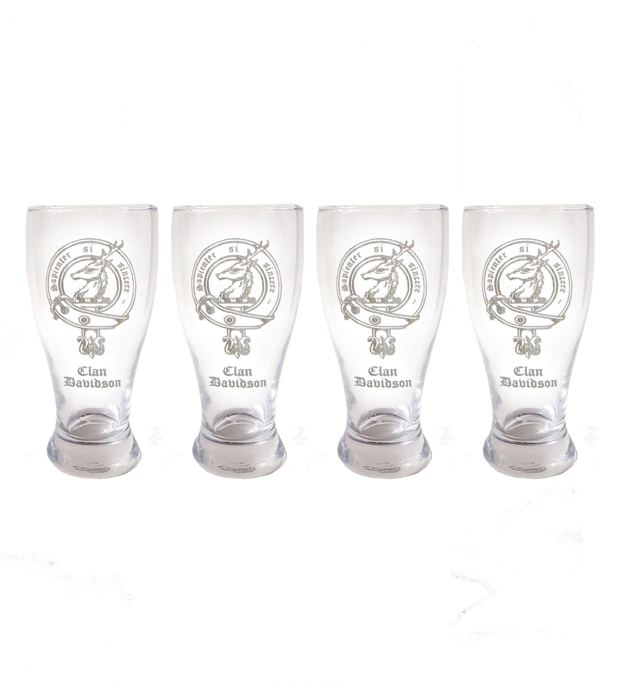 Clan Davidson Scottish Crest Pint Glass Set of 4 - Personalized Engraving, Family Crest Pub Glasses, Custom Beer Mugs for Scottish Heritage Celebrations, Gifts & Home Bar Decor