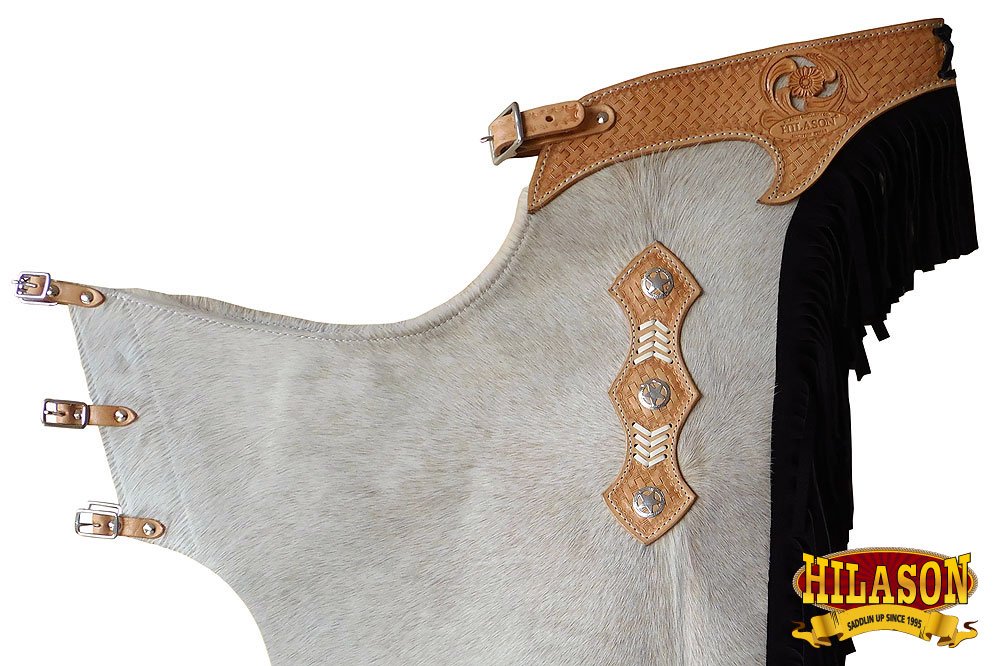 HILASON Pro Rodeo Bull Riding Leather Chinks for Adults - Handmade Black Western Chaps with Hand Tooled Design | Perfect for Rodeo, Ranch Work & Western Riding Events