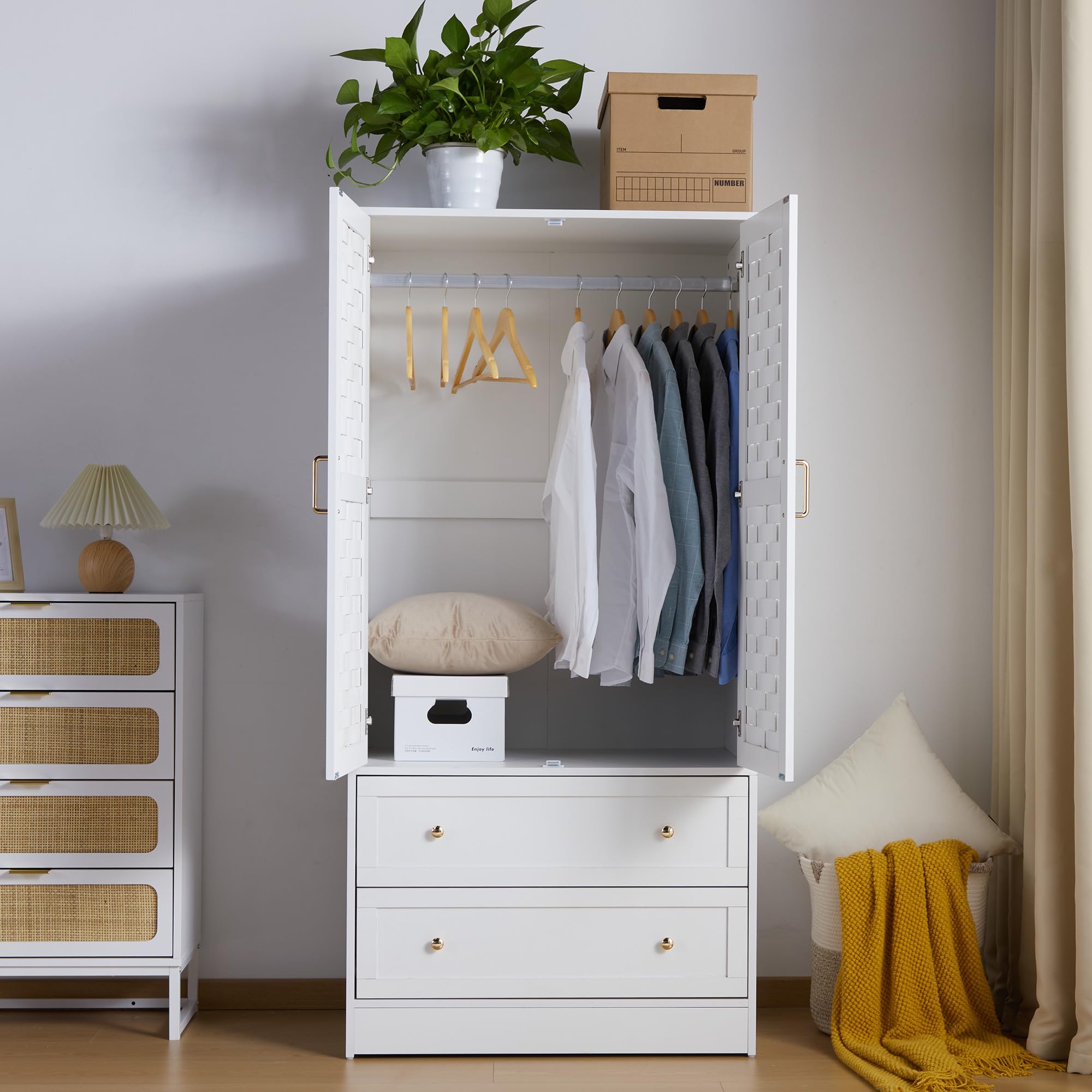 LEVNARY White Wooden Armoire Wardrobe Closet - Freestanding Storage Cabinet with 2 Woven Doors, 2 Drawers & Hanging Rail for Bedroom Organization | Perfect for Small Spaces, Guest Rooms & Apartment Living