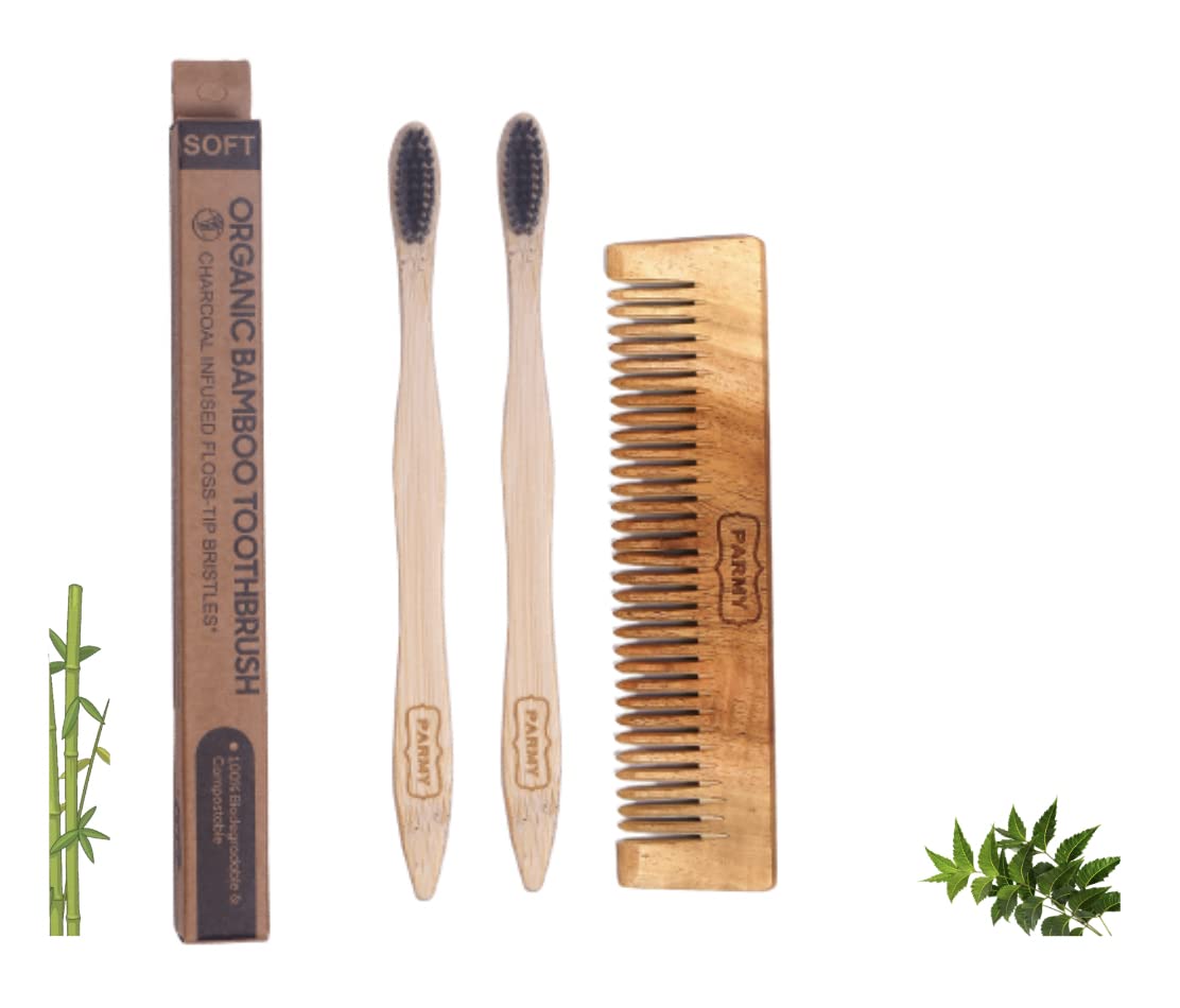 **Parmy Neem Wood Comb & Bamboo Toothbrush Set - Handmade Wooden Hairbrush for Dandruff Control & Hair Straightening - Natural Comb & Toothbrush for Men & Women (Pack of 2 Toothbrushes + 1 Comb) - Perfect for Travel, Eco-Friendly Bathroom & Daily Hair Care**