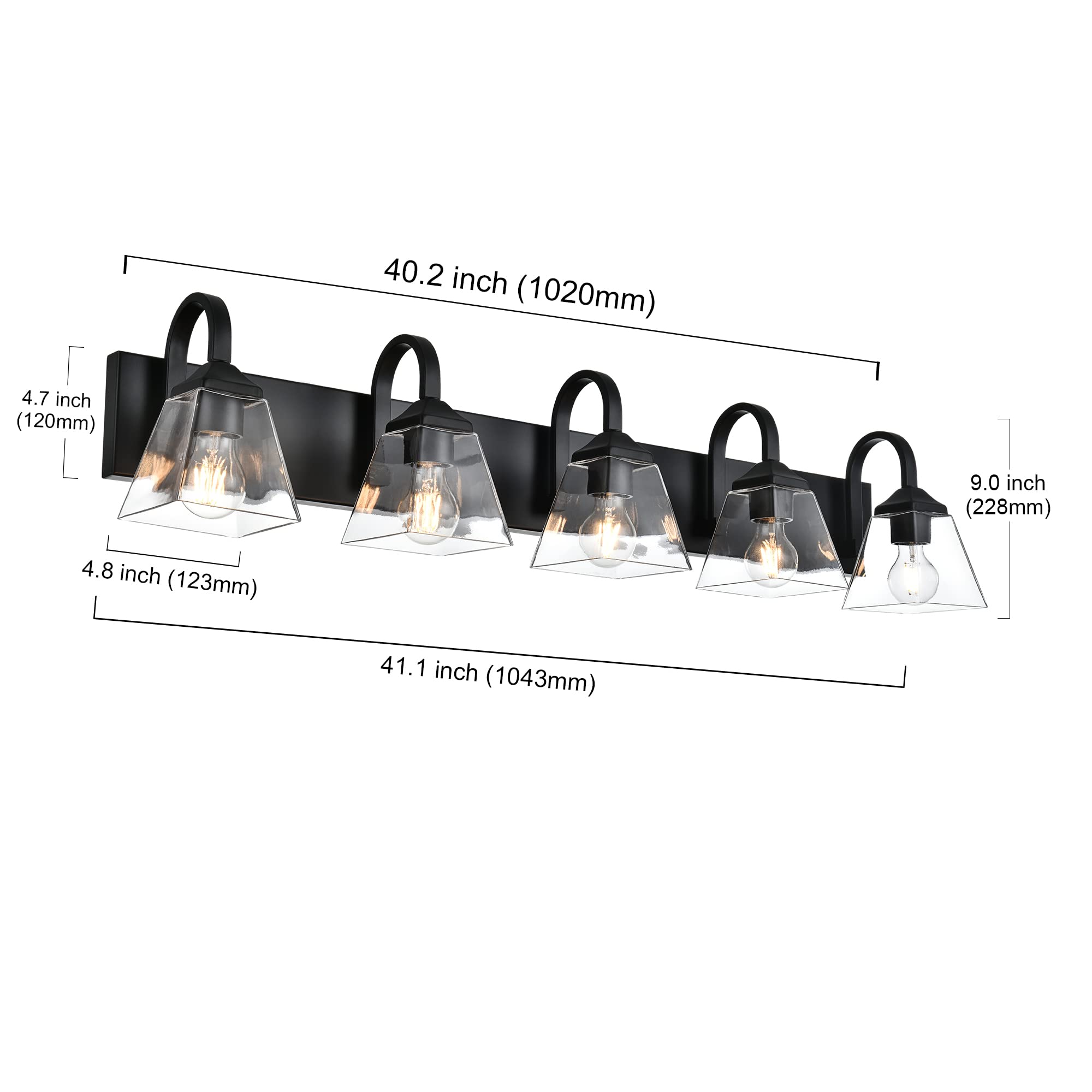 Modern Black Bathroom Light Fixture - 5-Light Vanity Mirror Lighting with Clear Glass Shade & Metal Base - Farmhouse Wall Sconce for Hallway, Living Room, Dressing Table - Perfect for Bathroom Makeup Vanity, Bedroom Decor & Entryway Lighting