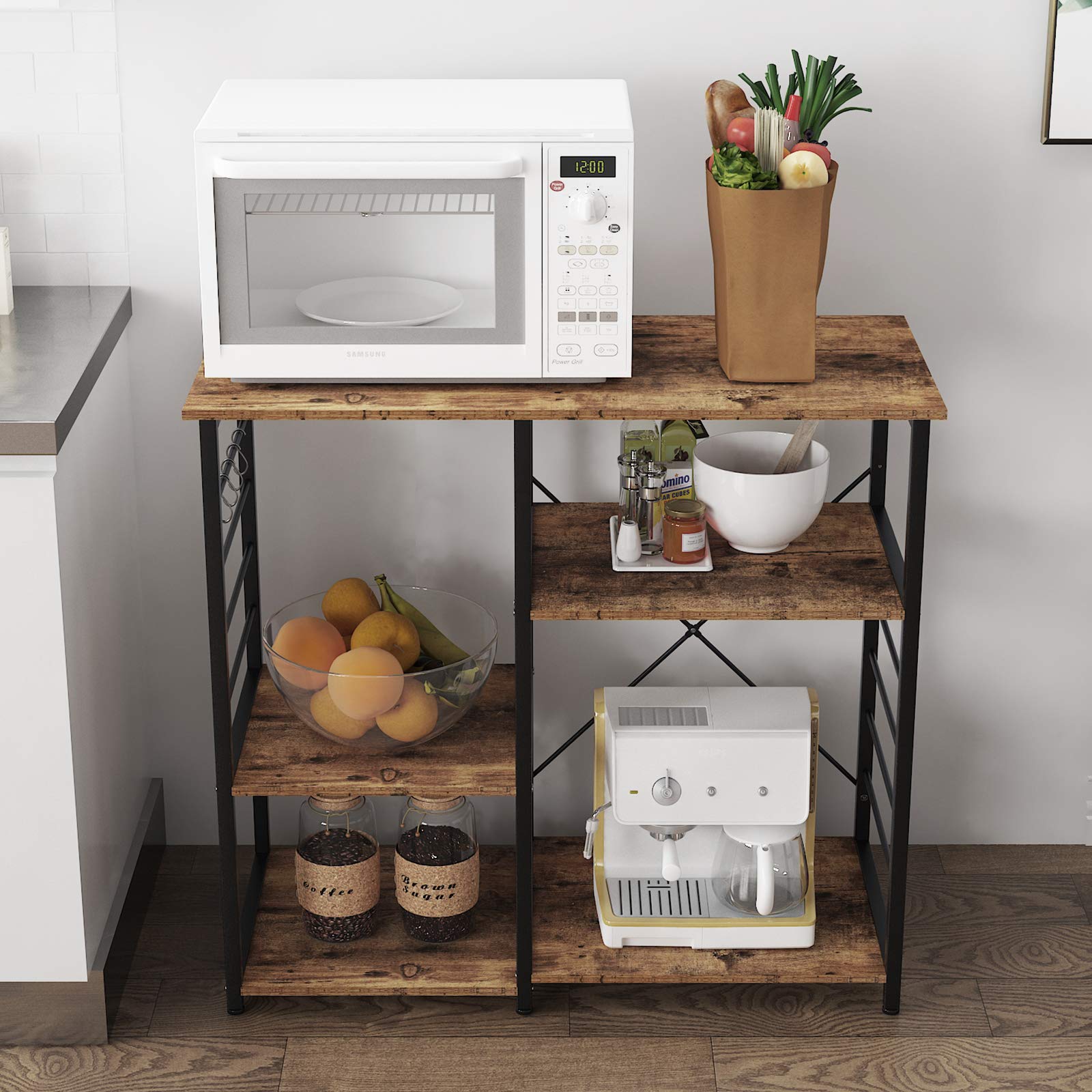 SogesGame Retro Kitchen Bakers Rack with Storage - Microwave Oven Stand, Utility Shelf, Coffee Station - Perfect for Home Kitchen Organization & Small Space Solutions