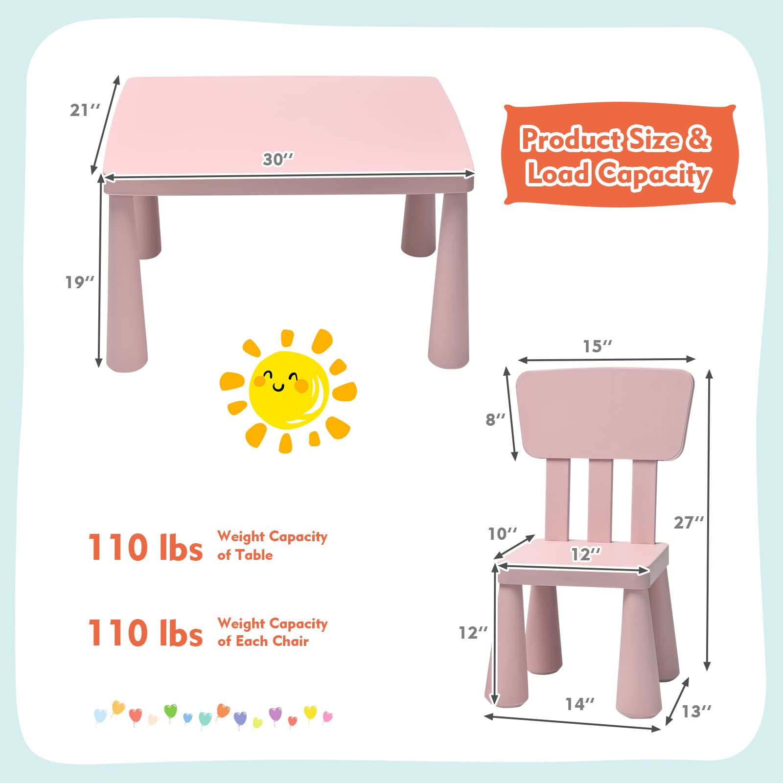 COSTWAY 3-Piece Kids Table and Chairs Set - Lightweight Plastic Children's Activity Table for Reading, Writing, Drawing & Snacks | Study Desk & Chair Set for Toddlers Ages 1-7 | Perfect for Preschool, Daycare & Home Playroom (Pink)