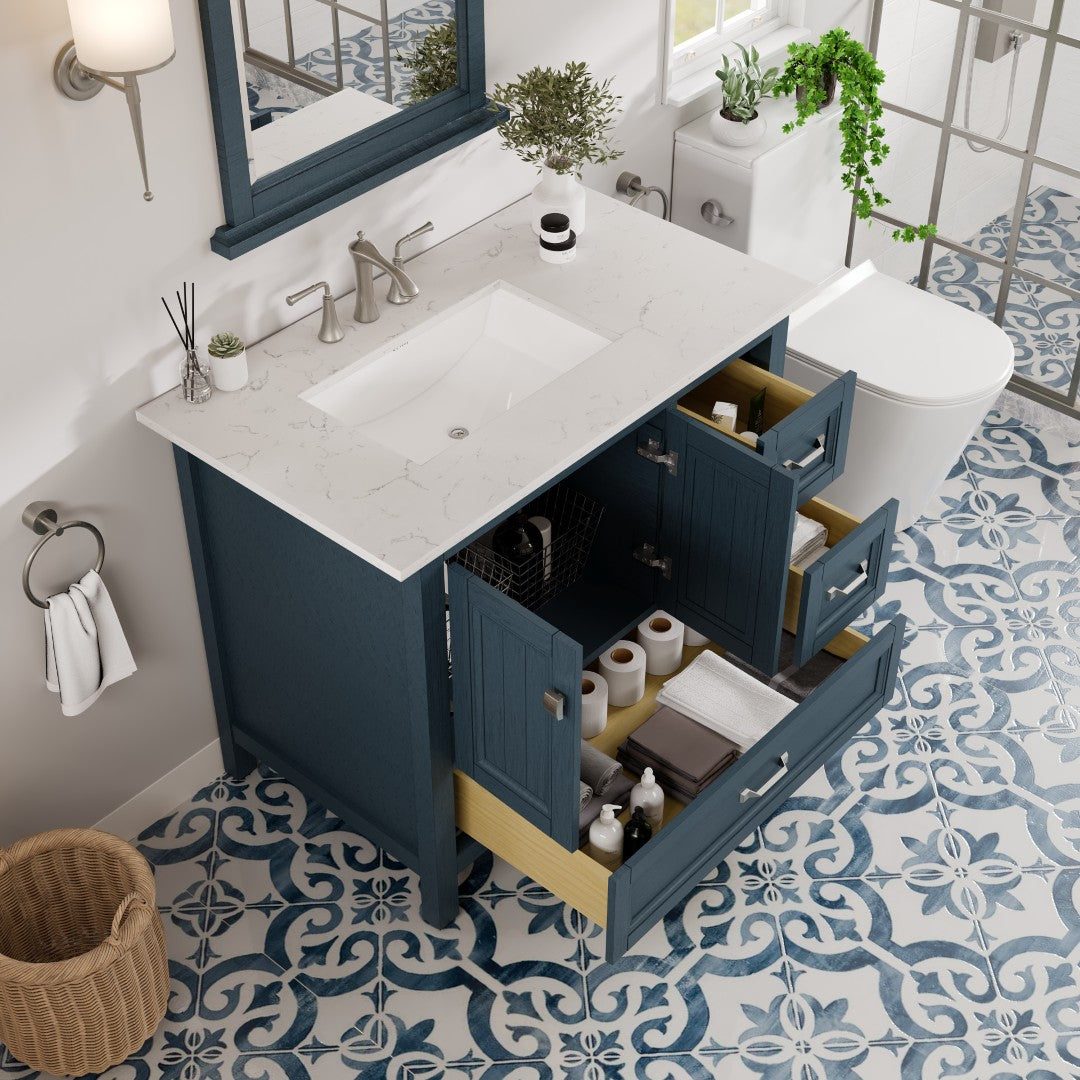 Britney 36 Inch Ash Blue Bathroom Vanity Set with Carrara Quartz Countertop & Undermount Porcelain Sink - Modern Single Sink Vanity for Small Bathrooms & Powder Rooms
