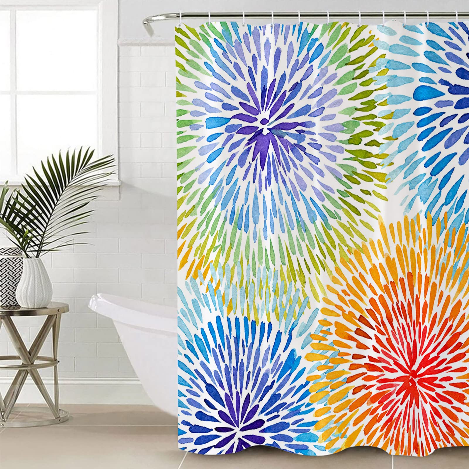 Boho Colorful Shower Curtain Set with Hooks - 72x72 Inch Ombre Blue Orange Watercolor Ethnic Geometric Bathroom Decor - Waterproof Polyester Fabric Bath Curtain for Modern, Vintage & Bohemian Style Bathrooms