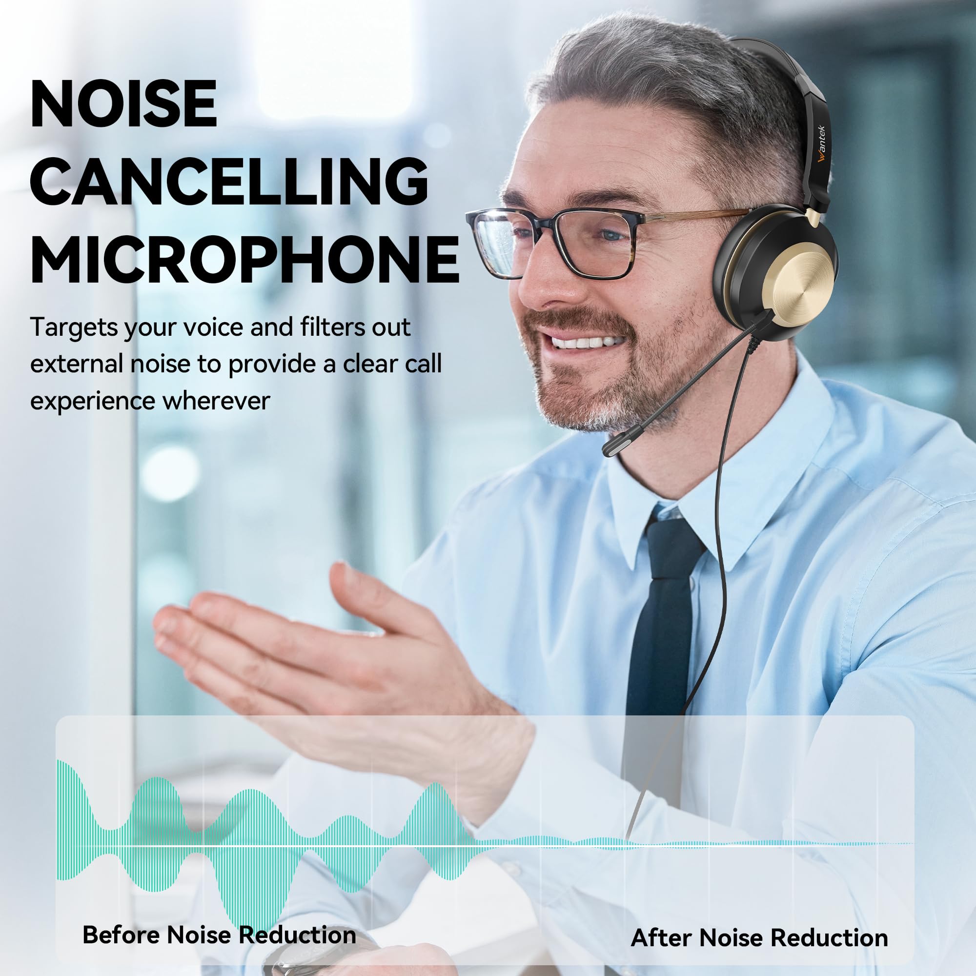 Wantek USB Headset with Noise Cancelling Microphone - 3-in-1 Type C/USB/3.5mm Jack Single Ear Headset with Volume Control - Perfect for Call Centers, Skype, Zoom Meetings, Office & Remote Work
