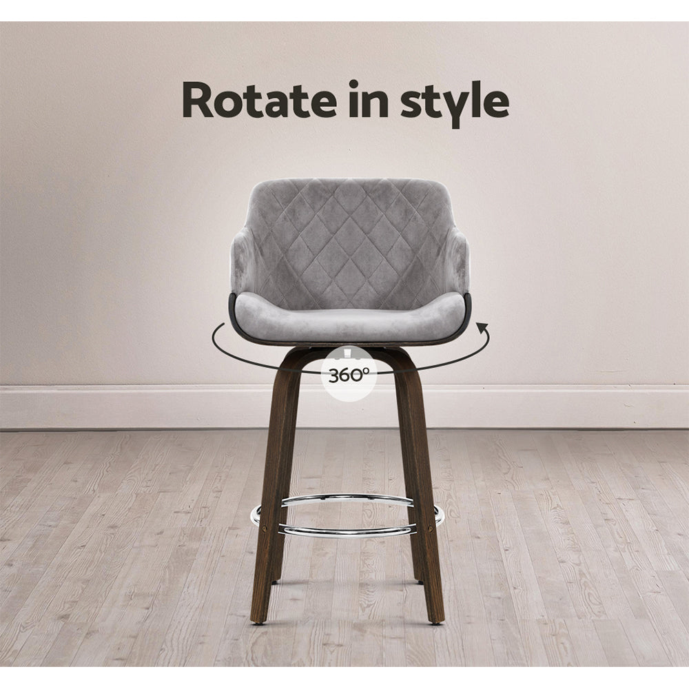 Swivel Bar Stools Set of 2 - Velvet Padded Seat & Wooden Frame - Perfect for Kitchen Island, Home Bar or Breakfast Nook