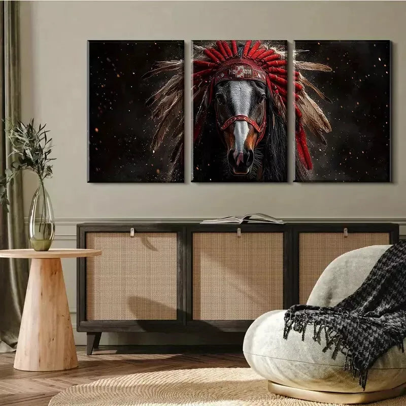 3-Piece Majestic Black Horse & Feather Headdress Wall Art Set - Framed Canvas 50x70cm (20x28in) - High Quality Australian Made Wall Decor - Perfect for Living Room, Bedroom or Office Decoration