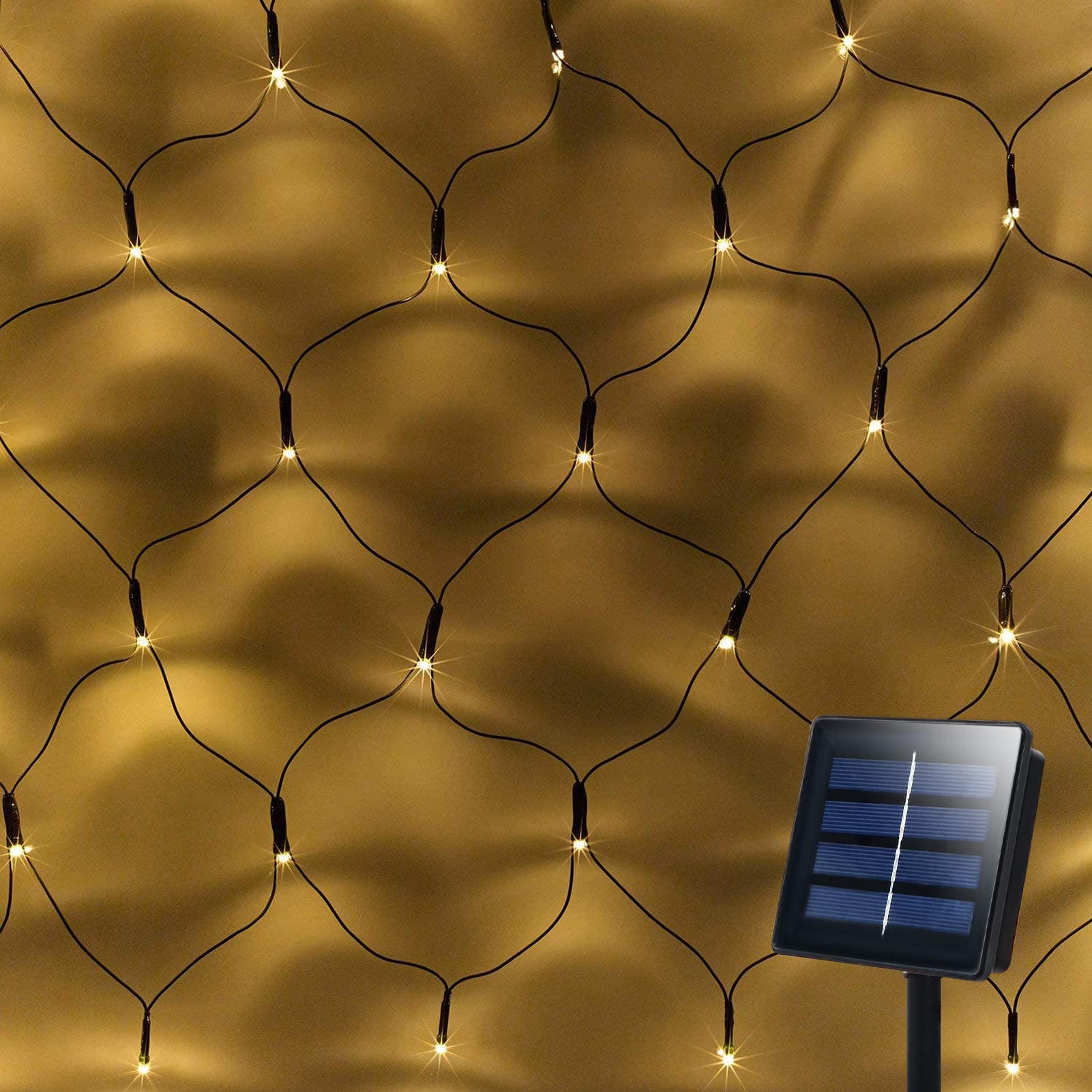 Solar Powered 200 LED 9.8Ft x 6.6Ft Outdoor Net Lights - Dark Green Wire with Auto On/Off & 8 Lighting Modes - Waterproof Mesh Lights for Bushes, Shrubs, Lawn, Garden, Patio, and Holiday Decorations (Warm White)