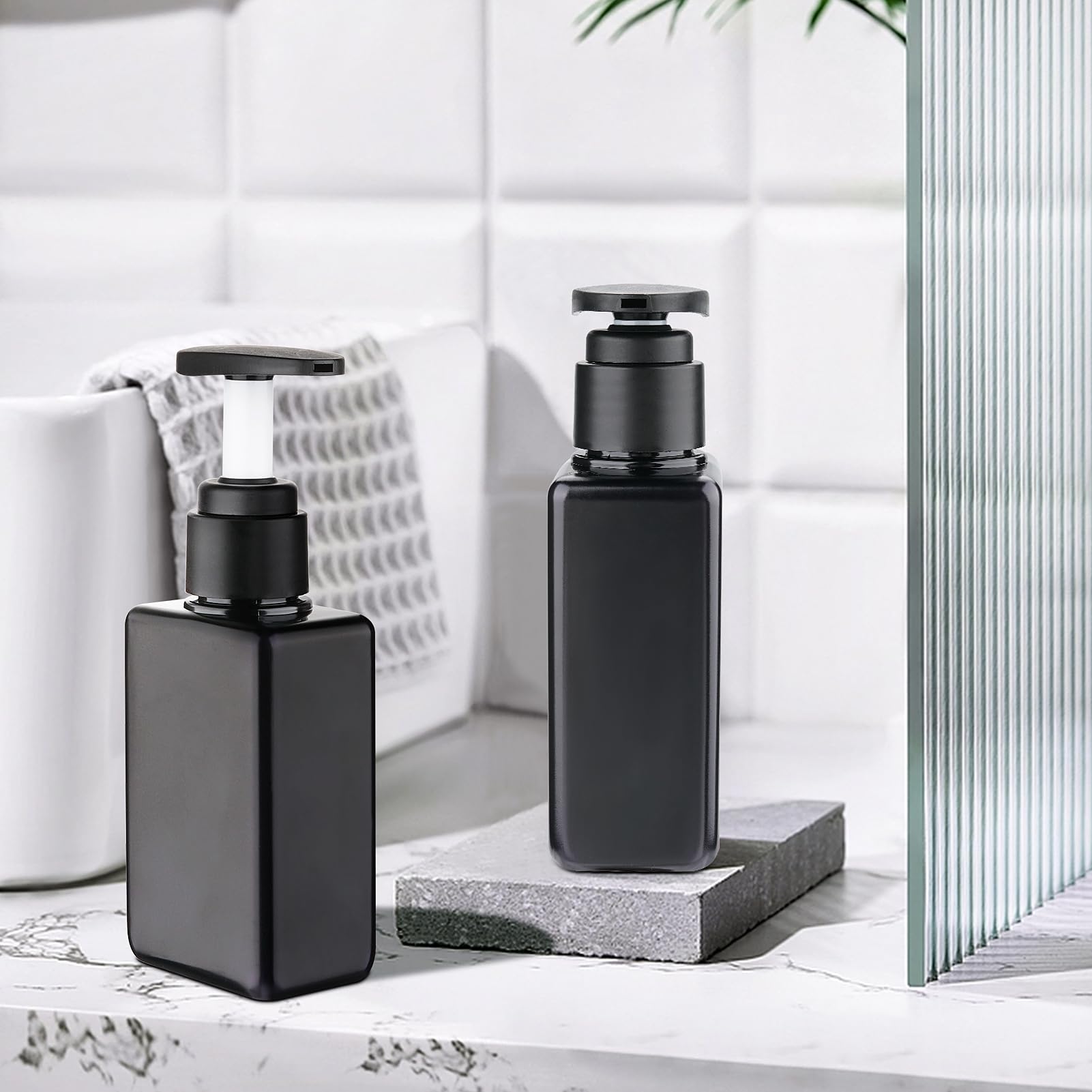 4 Pack 3.7oz/110ml Empty Travel Bottles with Pump Dispenser - Leak-Proof Plastic Shampoo & Conditioner Containers for Toiletries | Perfect for Airplane Carry-On, Gym, Camping & Vacation Essentials (Black)