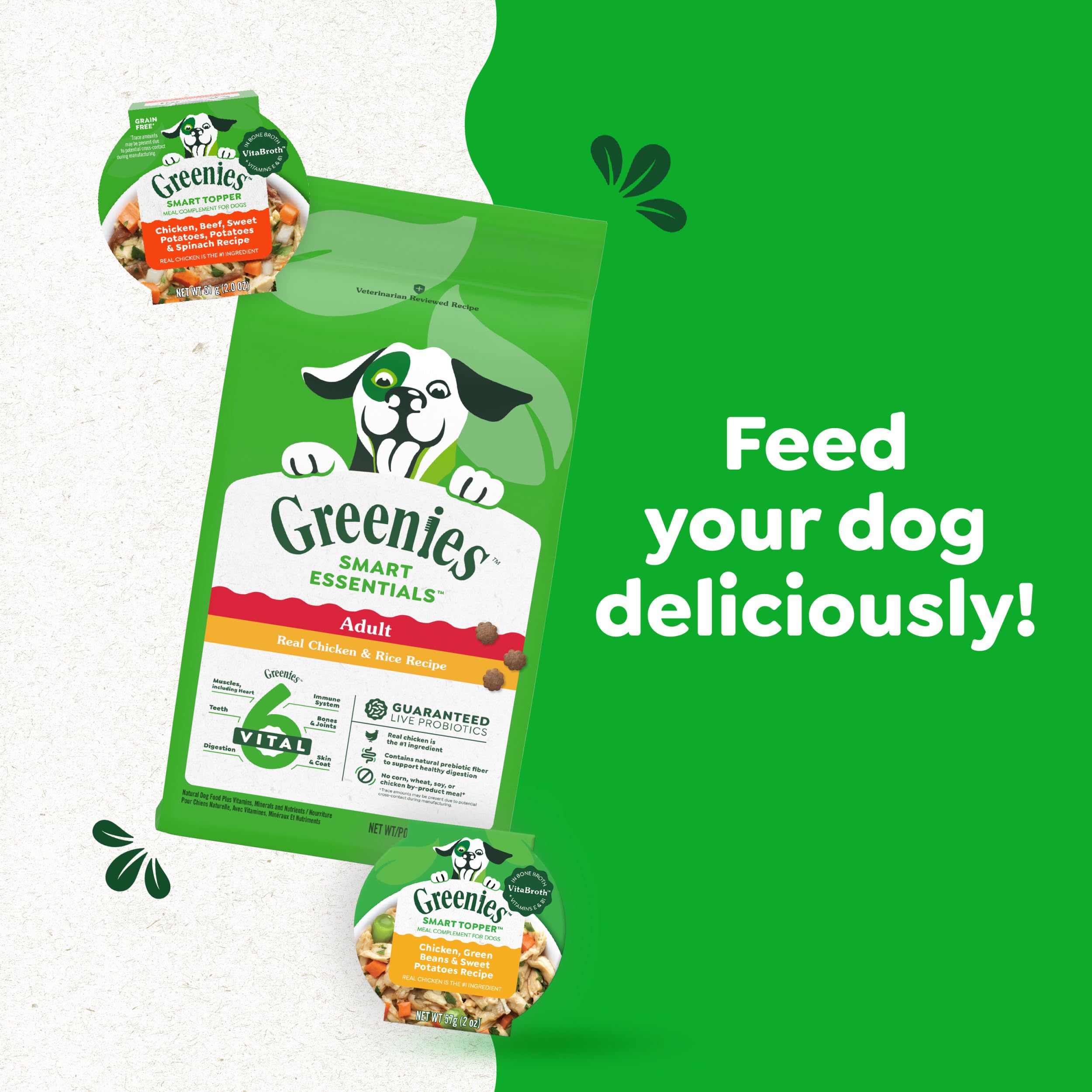 Greenies Smart Topper High Protein Wet Dog Food Mix - Chicken, Beef, Sweet Potato & Spinach Recipe in Vitabroth™ with Bone Broth & Vitamins E & B1 (10 Pack) - Perfect for Senior Dogs & Picky Eaters to Enhance Kibble Flavor & Nutrition