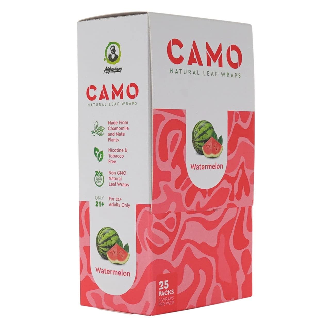 Premium Afghan Hemp Natural Leaf Wraps - Camo Design - Sealed Box of 125 Wraps (25x5) - Watermelon Flavor - for Rolling Tobacco, Herbs & DIY Smoking Blends - Perfect for Outdoor Adventures & Social Gatherings