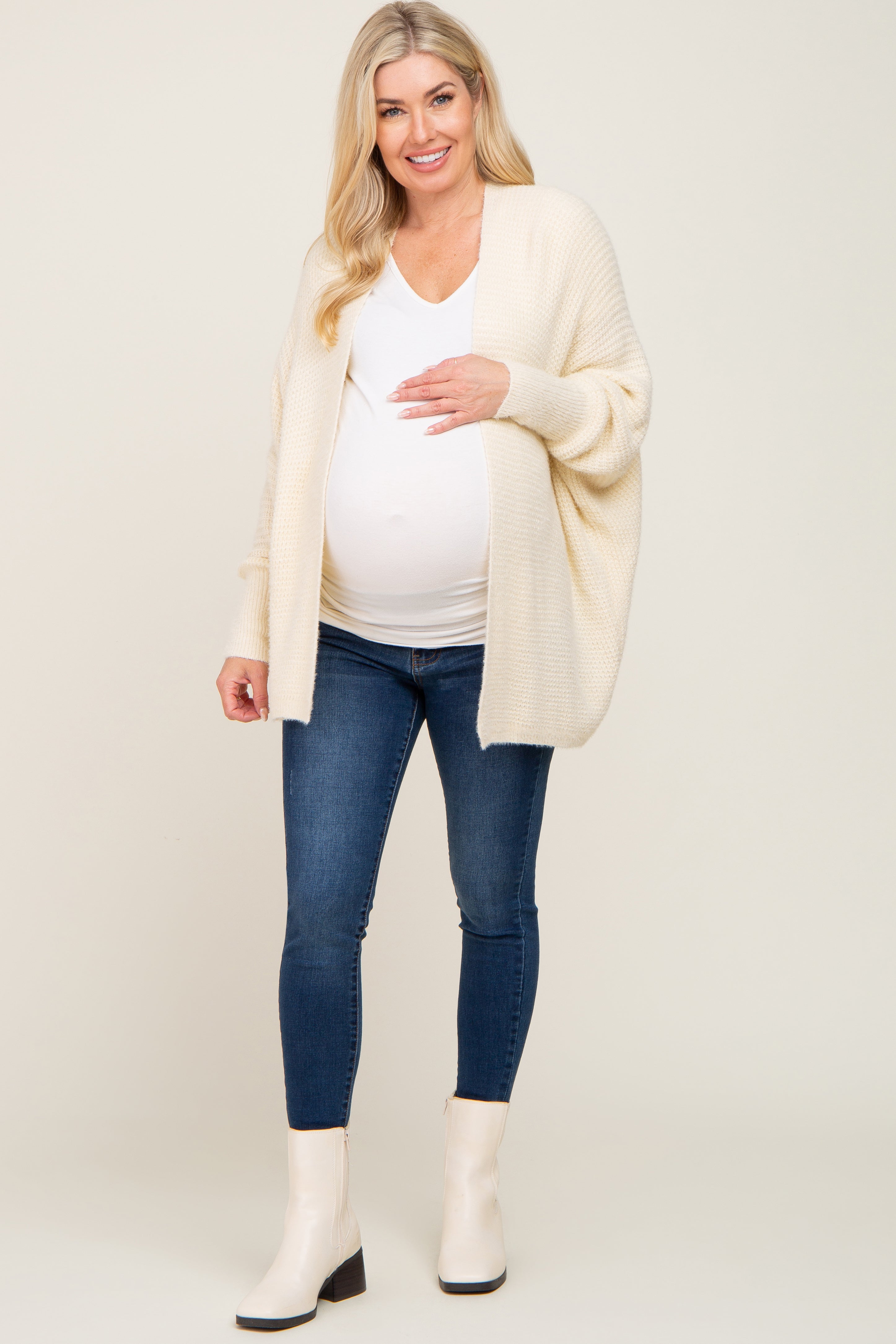 Soft Beige Brushed Knit Maternity Cardigan with Dolman Sleeves - Cozy Pregnancy Sweater for Nursing, Lounge & Casual Wear